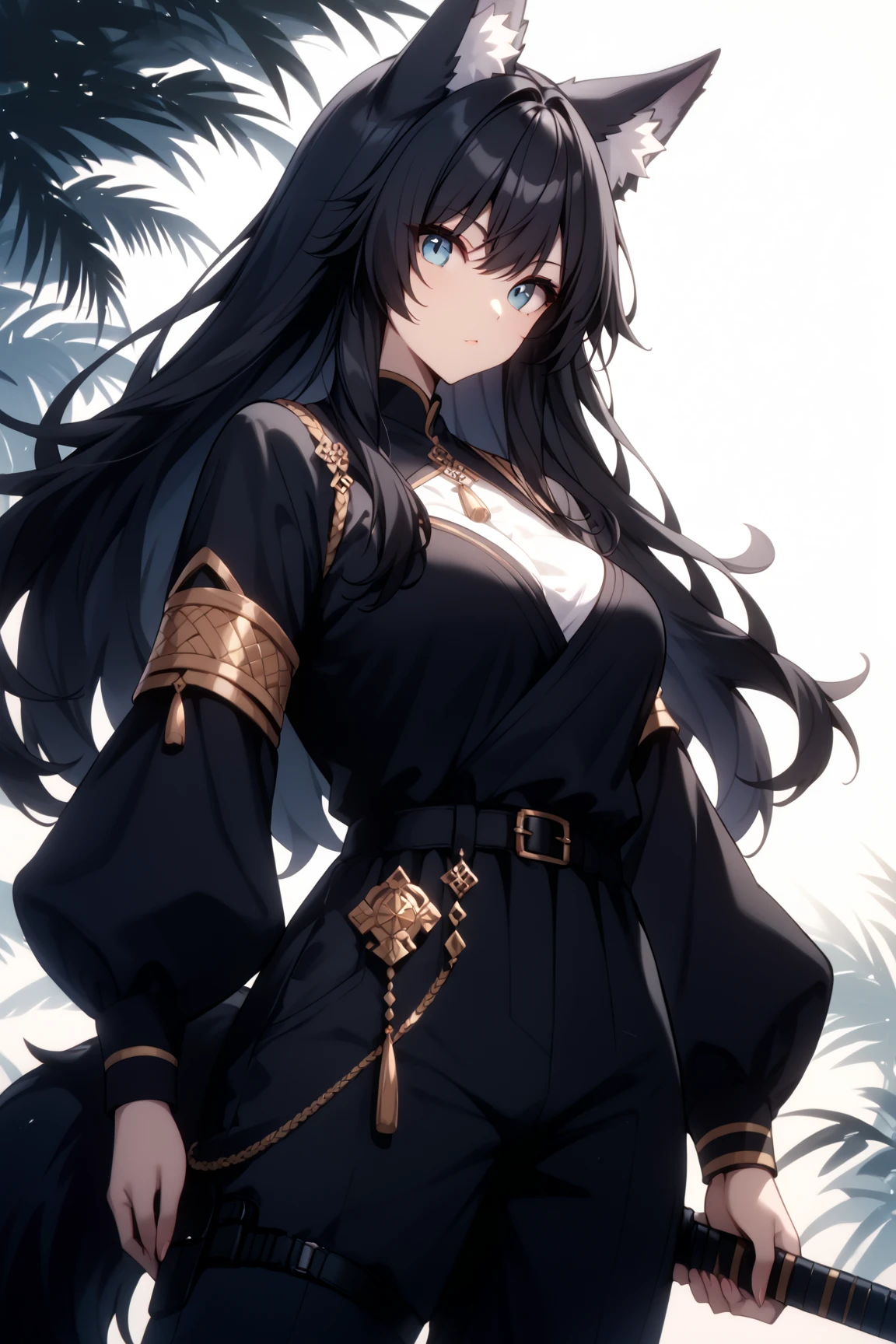 score_9, score_8_up, score_7_up, rating_safe, 1girl, cute, feminine, average height, Wolf girl, human skin, human face, long black hair, black fur, fluffy tail, shemale, strong, fluffy ears, sultry, jewelry, black hair, black fur, large breasts, fantasy great war, combat, fighting