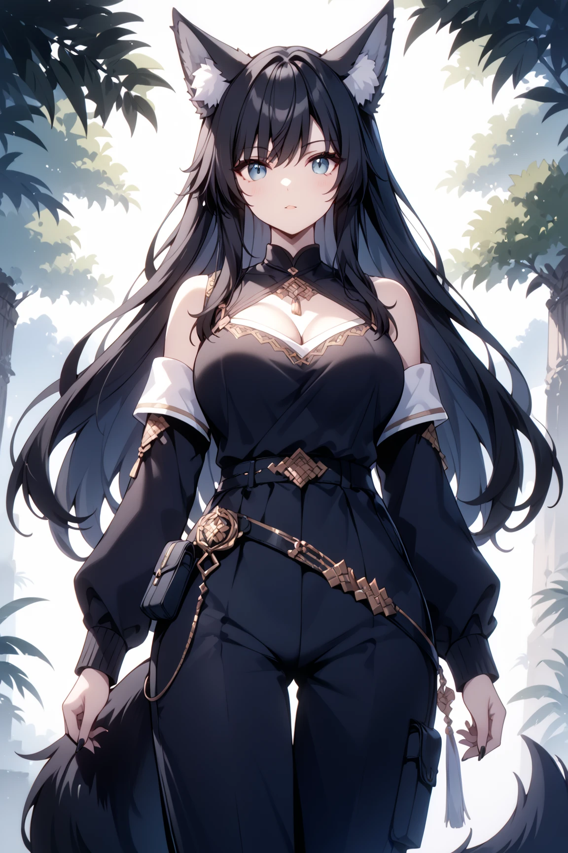 score_9, score_8_up, score_7_up, rating_safe, 1girl, cute, feminine, average height, Wolf girl, human skin, human face, long black hair, black fur, fluffy tail, shemale, strong, fluffy ears, sultry, jewelry, black hair, black fur, large breasts, fantasy great war, combat, fighting