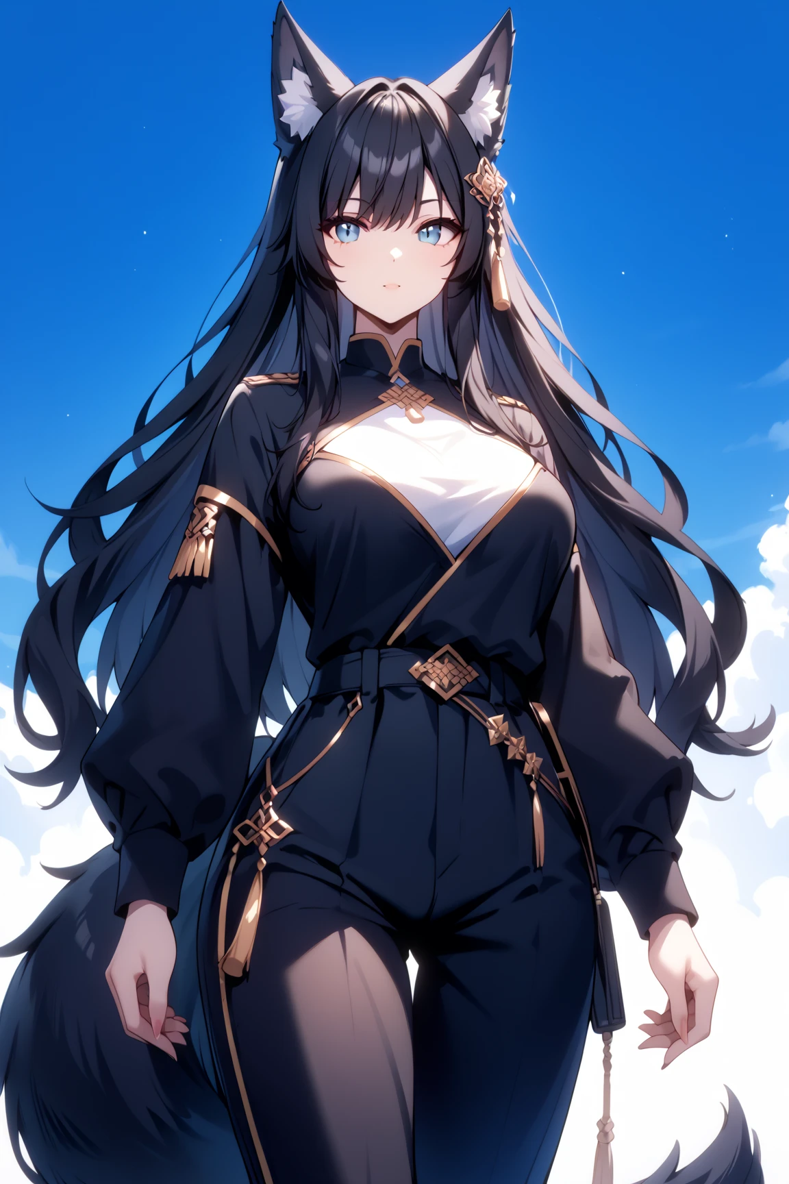 score_9, score_8_up, score_7_up, rating_safe, 1girl, cute, feminine, average height, Wolf girl, human skin, human face, long black hair, black fur, fluffy tail, shemale, strong, fluffy ears, sultry, jewelry, black hair, black fur, large breasts, fantasy great war, combat, fighting