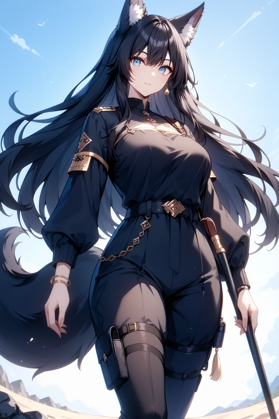 score_9, score_8_up, score_7_up, rating_safe, 1girl, cute, feminine, average height, Wolf girl, human skin, human face, long black hair, black fur, fluffy tail, shemale, strong, fluffy ears, sultry, jewelry, black hair, black fur, large breasts, fantasy great war, combat, fighting