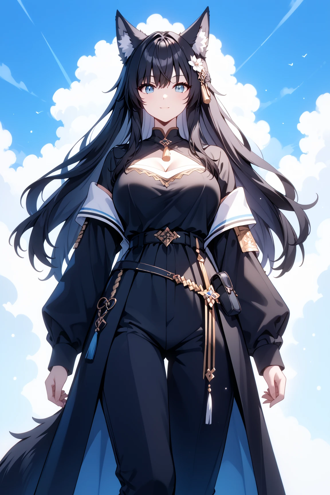 score_9, score_8_up, score_7_up, rating_safe, 1girl, cute, feminine, average height, Wolf girl, human skin, human face, long black hair, black fur, fluffy tail, shemale, strong, fluffy ears, sultry, jewelry, black hair, black fur, large breasts, fantasy great war, combat, fighting