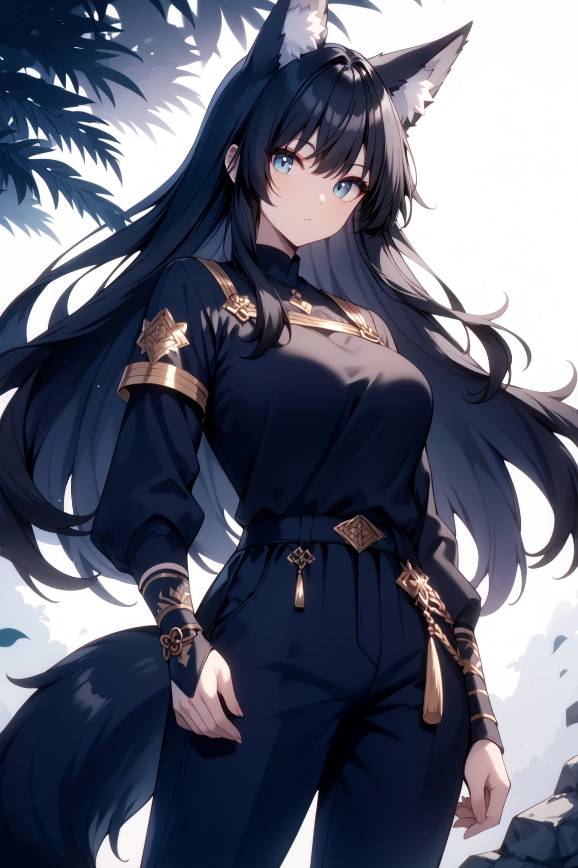 score_9, score_8_up, score_7_up, rating_safe, 1girl, cute, feminine, average height, Wolf girl, human skin, human face, long black hair, black fur, fluffy tail, shemale, strong, fluffy ears, sultry, jewelry, black hair, black fur, large breasts, fantasy great war, combat, fighting