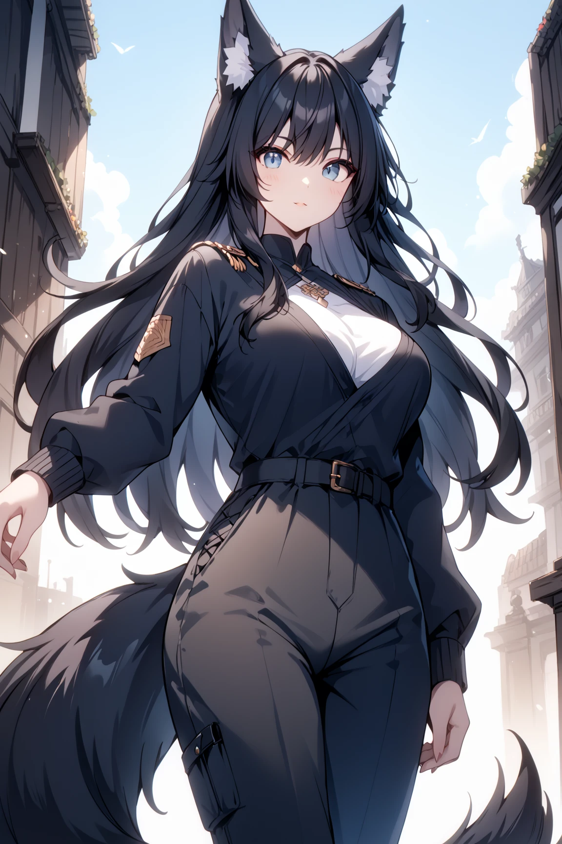 score_9, score_8_up, score_7_up, rating_safe, 1girl, cute, feminine, average height, Wolf girl, human skin, human face, long black hair, black fur, fluffy tail, shemale, strong, fluffy ears, sultry, jewelry, black hair, black fur, large breasts, fantasy great war, combat, fighting