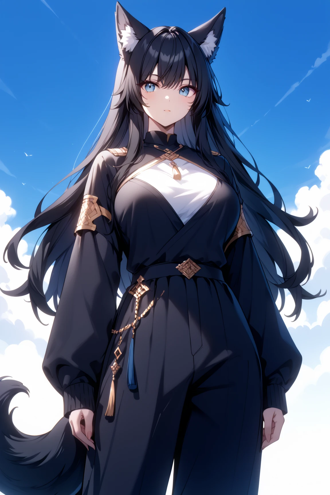 score_9, score_8_up, score_7_up, rating_safe, 1girl, cute, feminine, average height, Wolf girl, human skin, human face, long black hair, black fur, fluffy tail, shemale, strong, fluffy ears, sultry, jewelry, black hair, black fur, large breasts, fantasy great war, combat, fighting