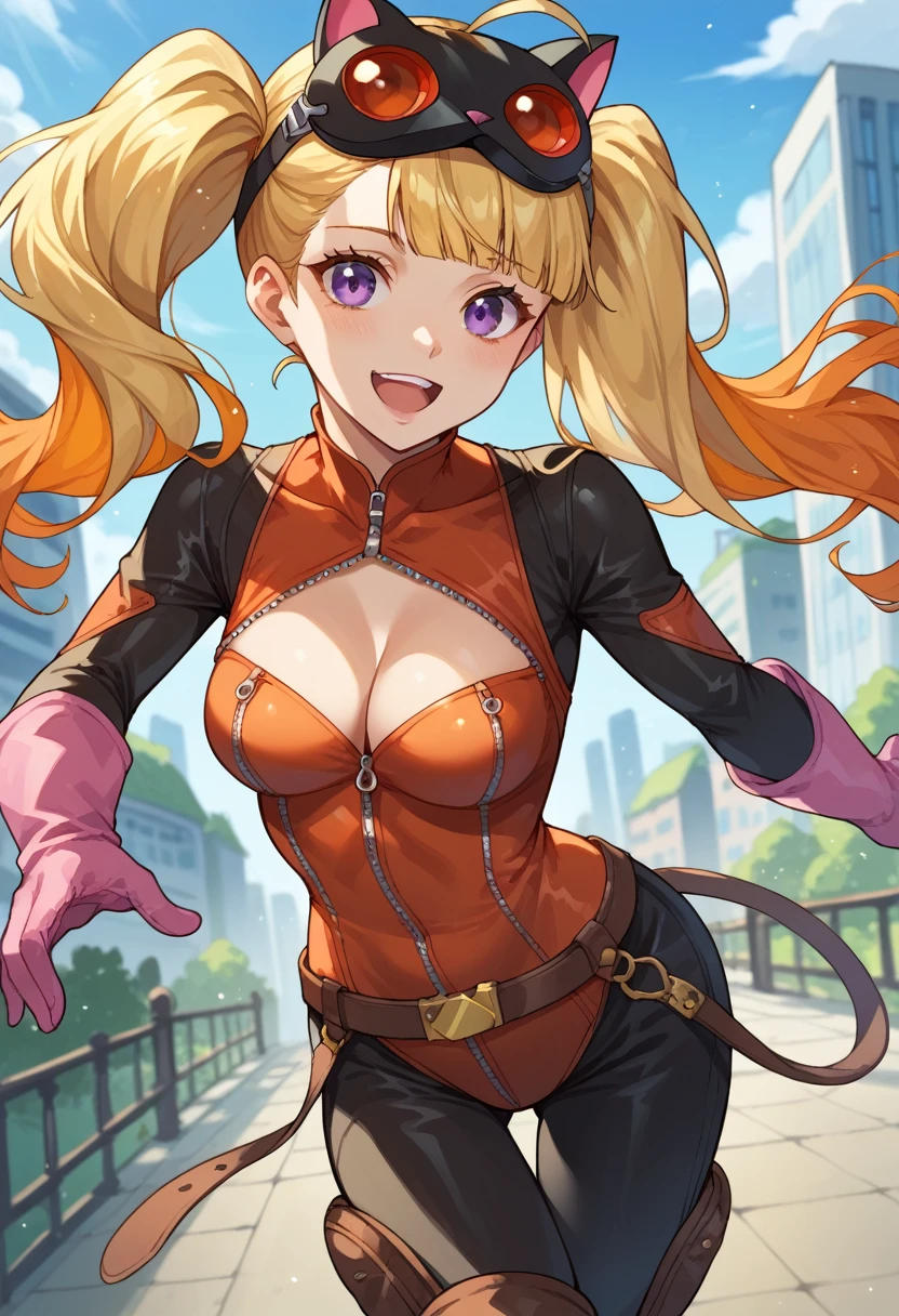 score_9_up, score_8_up, score_7_up,score_6_up, score_5_up, score_4_up, ,1 girls, solo, ((SPLIT-COLOR HAIR)), ((blonde hair)), ((orange hair)), ptAnn, red bodysuit, pink gloves, twintails, cat mask on head, zipper, cleavage cutout, fake tail, thigh boots, futabaoracle, orange hair, long hair, blunt bangs, ahoge, purple eyes, goggles on head, black bodysuit, green gloves, black pants, belt, knee pads, happy, cowboy shot, city background