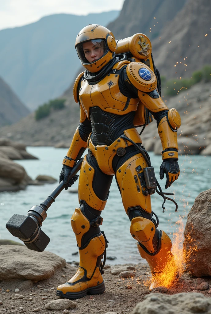(best quality,4k,highres,masterpiece:1.2),ultra-detailed,realistic,portrait,orange skin,blue jumpsuit,mechanical engineer,multiple mechanical devices on the helmet,studio lighting,vivid colors