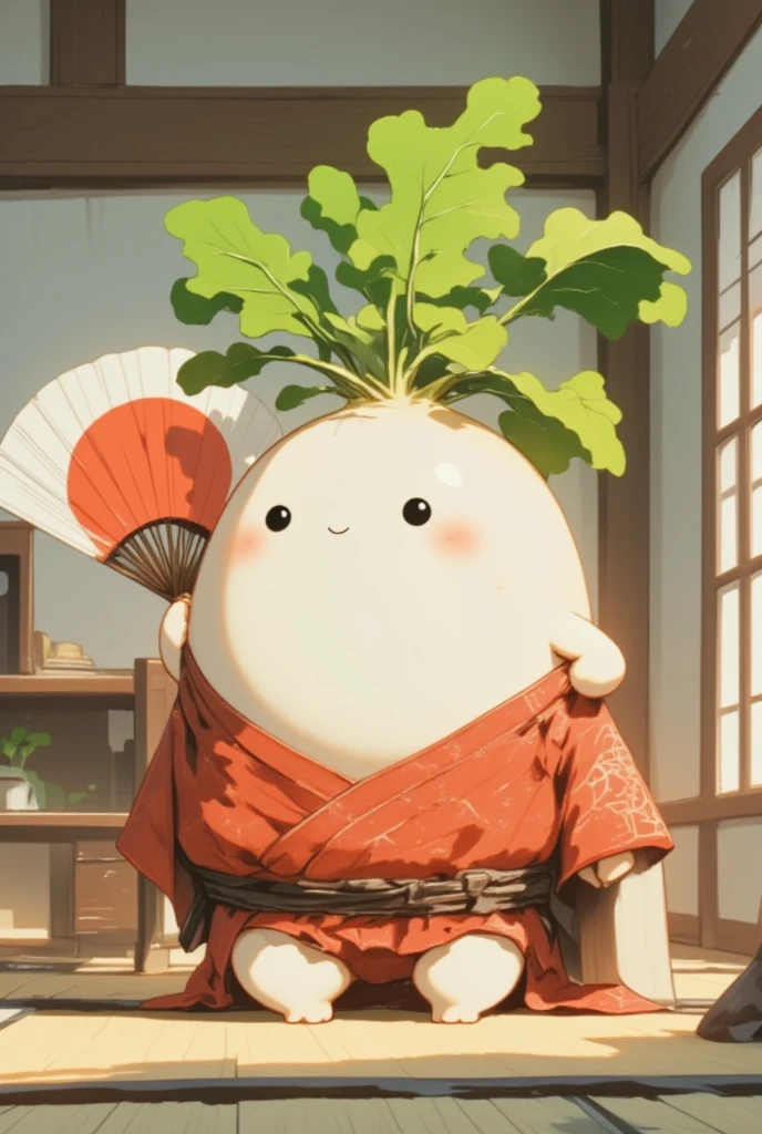 Chibi character、 a chubby anime character 、 a chubby, round-faced white turnip radish 、 with a green leaf-like topknot 、Black circle eyes、 a flat nose with only a horizontal line drawn on it 、 wearing a bright red crested haori and hakama 、 fan that imitates the Japanese flag with a red circle on a white background spread out on the right hand、 sitting on the tatami mat with an arrogant attitude 、 resting his left elbow on the armrest 、Towards the viewer「Let alone 、B」 and commenting on the manga 、Tokonoma、Japanese-style room、「Let alone 、B」Hanging scroll