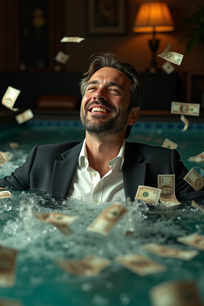 A man is in the ocean of coins, holding a pile of gold bricks in his arms and laughing happily