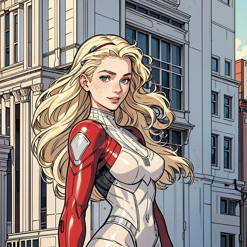 
Women, Americana, 19 years old, pale skin and freckles, grey eyes, delicate nose,  soft and delicate lips , distant,  horse in blonde waves , sweet smile,  face with delicate feminine facial features ,  very well represented , Like Spyder Girl,  dressed as Spyder girl, red suit, photo session,  dynamic poses .  above a building. Photograph taken from afar.