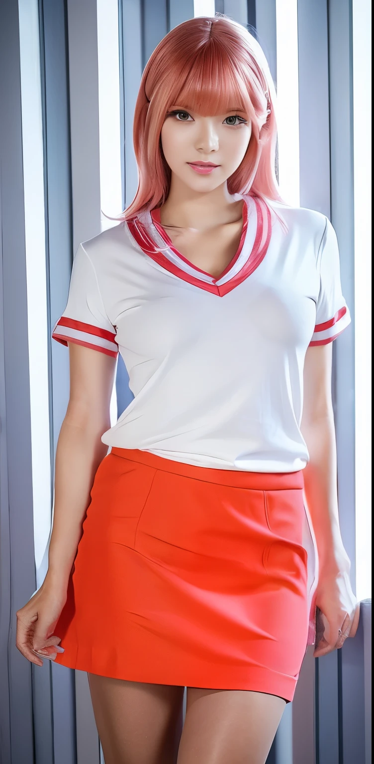 a beautiful young korean woman,pink hair,white shirt,pink mini skeater skirt,sexy legs,full body,realistic,photorealistic,masterpiece,best quality,8k,ultra-detailed,physically-based rendering,professional,vivid colors,studio lighting,sharp focus,extremely detailed face and eyes,beautiful detailed eyes,beautiful detailed lips,long eyelashes,classroom setting, full body captured, sexy legs showing,