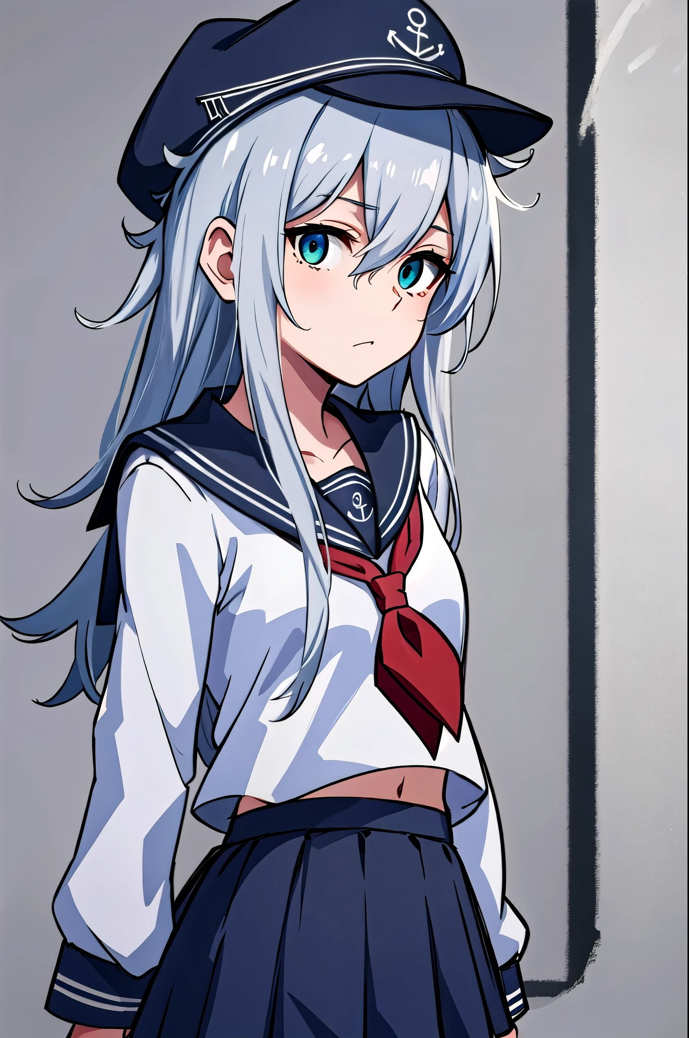  best quality, masterpiece,  high definition , Alone, {Hibiki_ kantaicolection :1.15}, length_hair, green_eye, , hair_between_eye, Sailor服, gray_hair, ( full body view), white_hair, anchor_symbol,  1 girl , black_ headwear, black_Sailor_ color, black_ skirt, flin_ cap, length_sleeve,  Neckerchief , pleined_ skirt, red_ Neckerchief , Sailor_ color, School_uniform,  skirt, cowboy_shot, white_background, Simple_background, black_太ももまin丈の靴下, Watching_in_ viewer,  skirtめくり, ( panties)