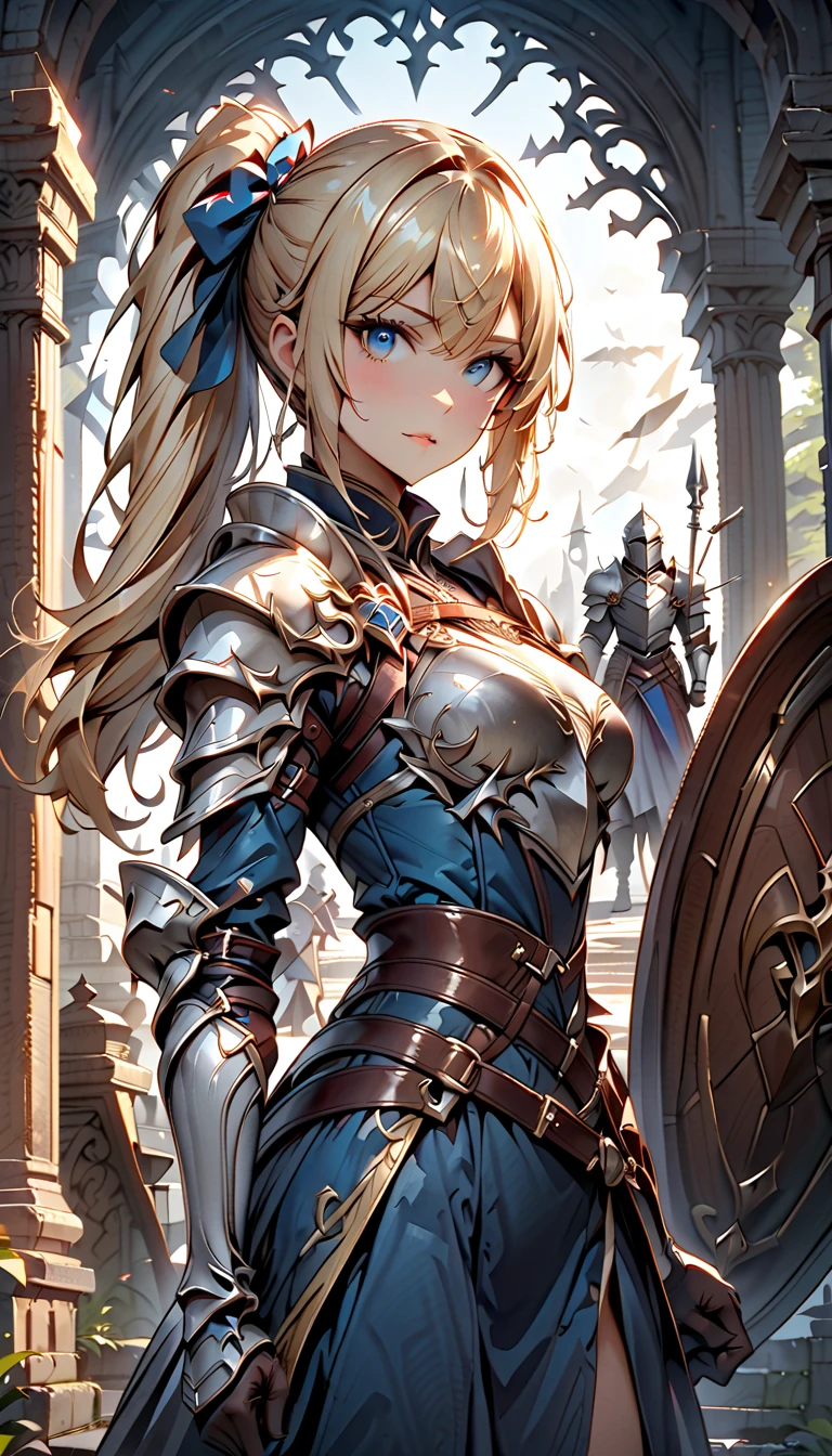  best quality、  Unity 8K Wallpaper、32K、masterpiece、 Very detailed、  ultra high resolution、 Very detailedな顔、 RAW photo、professional、Ultra-detailed paintings、Female Knight、 blue eyes、Blonde、 long ponytail holding up a shield、 blue dress 、Silver Armor、Shoulder rest、breastplate、Small Hands、waist support 、Shin guards、Hold up a spear and a large shield, Stand upright