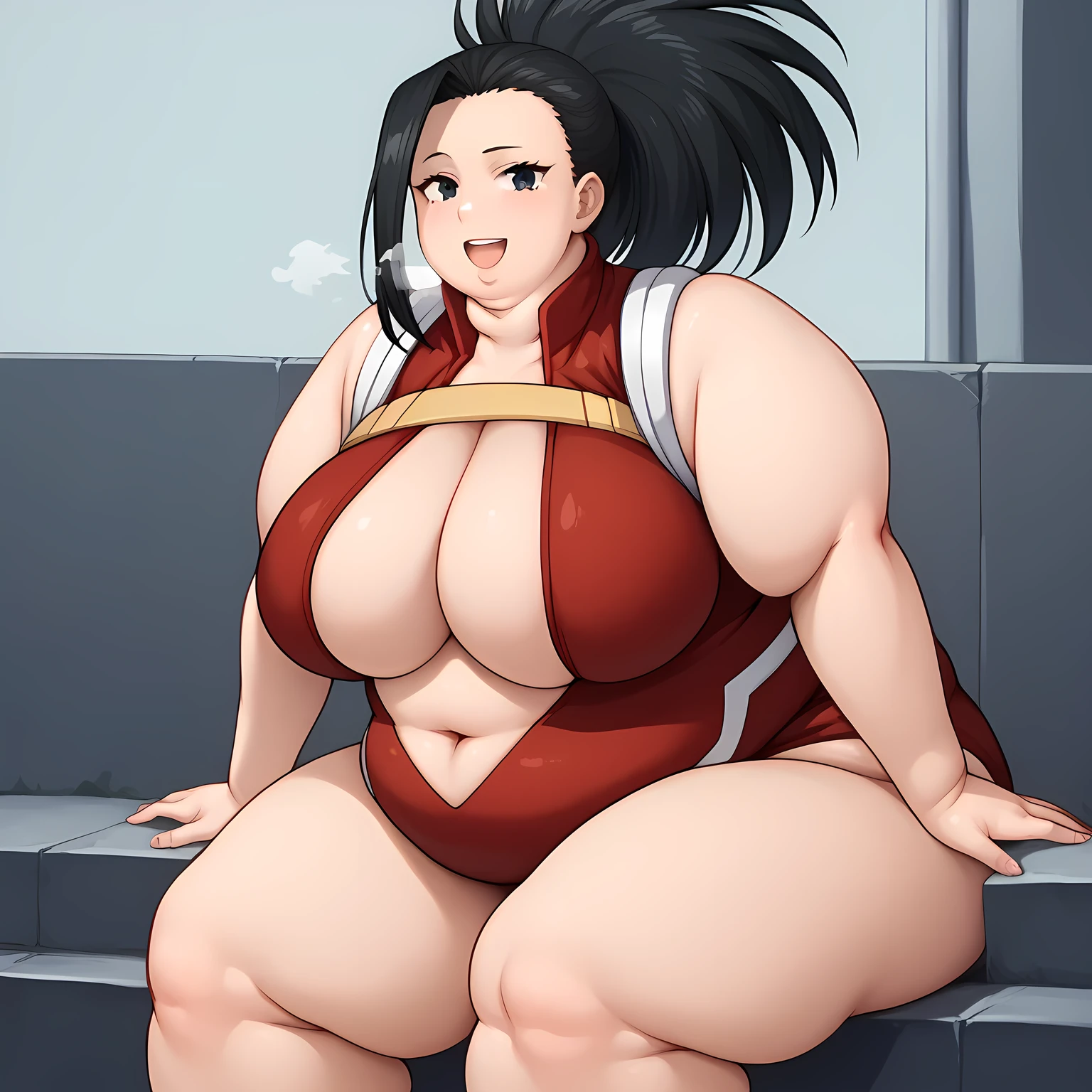 score_9, score_8_up, score_7_up, source_anime, best quality, clear face, 1girl, solo, yaoyorozu momo, long hair, bangs, black hair, ponytail, black eyes, huge breasts, cleavage, looking at viewer, smile, standing, navel, bare shoulders, leotard, bare arms, center opening, red leotard, outdoor, leaning forward fat, chubby, obese, gigantic arms and legs, large breasts open mouth, out of breath, from side, sitting