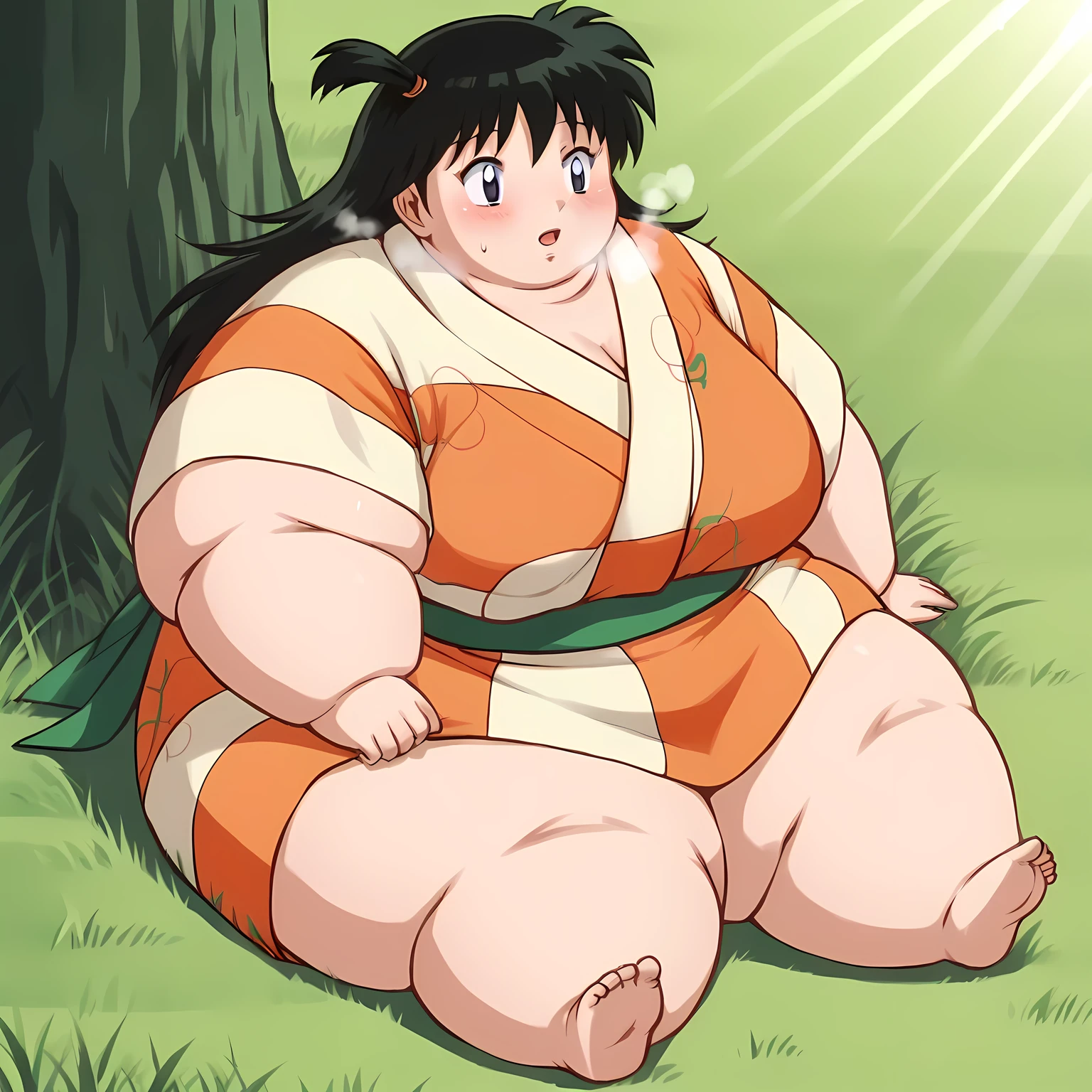 score_9, solo, rin_inuyasha, black hair, long hair, side ponytail, kimono, cute, sitting, grass, tree, natural lighting fat, chubby, obese, gigantic arms and legs, large breasts open mouth, out of breath