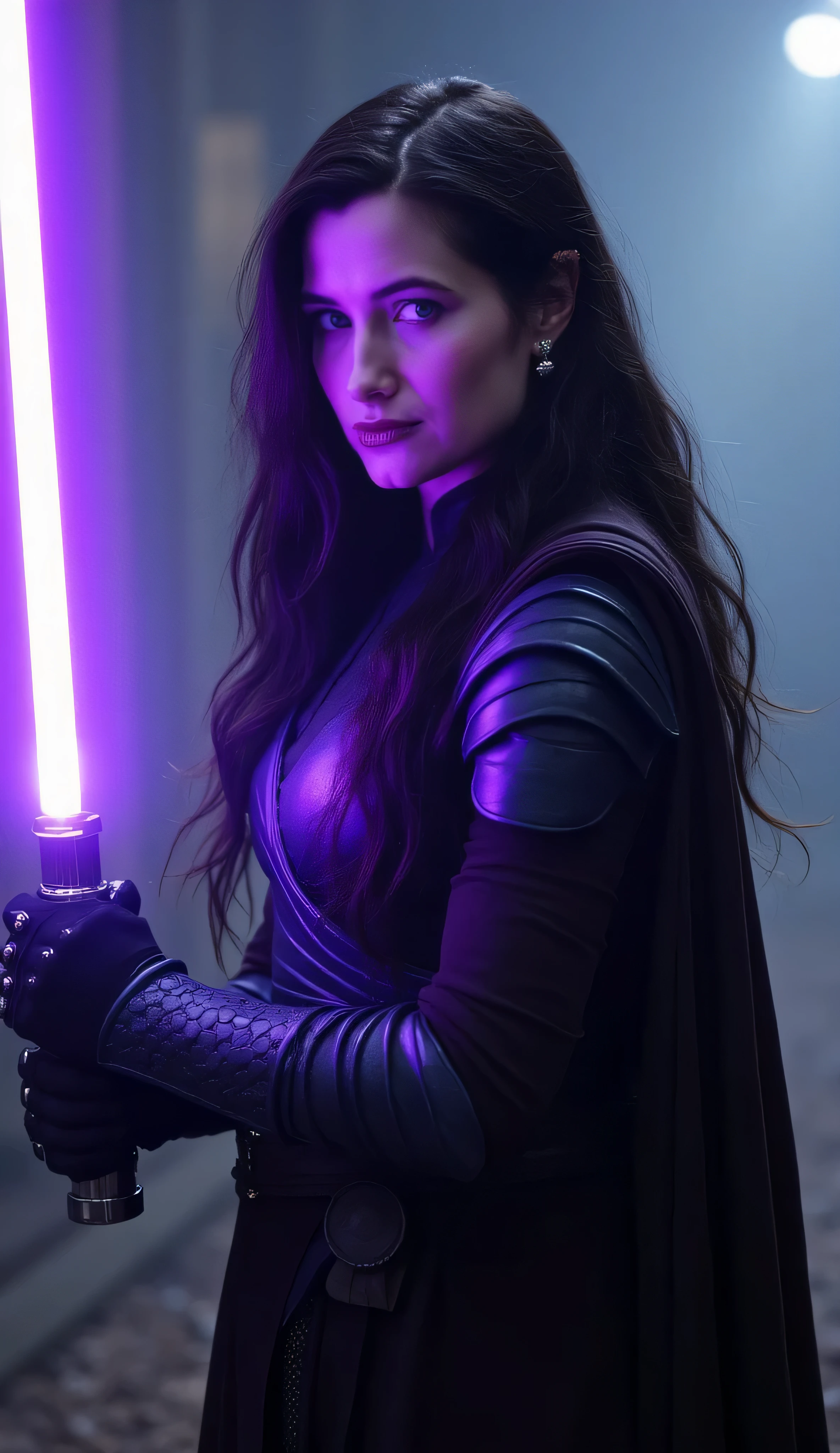 Kathryn Hahn as Jedi, holding glowing purple lightsaber, long wavy dark hair, piercing eyes, futuristic elegant design, dark leather armor dress, subtle purple and blue accents, long flowing coat, bracers with intricate details, misty dimly lit, hints of violet energy, mysterious powerful atmosphere, grace, strength, ancient mystical energy, calm, power, focus