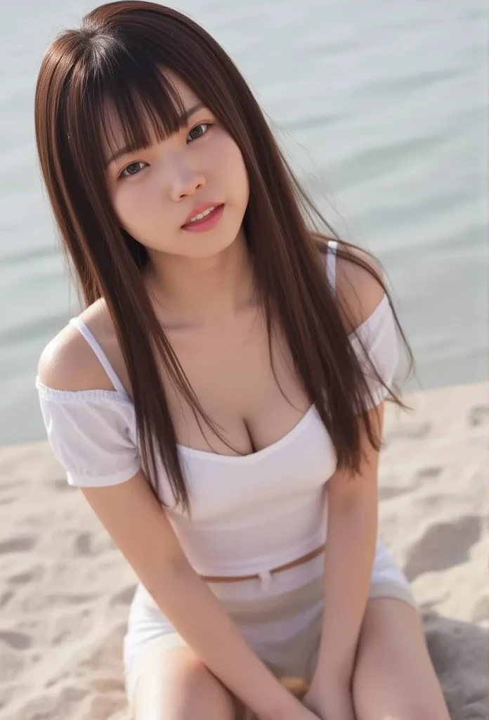 barefoot,   make a heart shape with both hands  , woman sitting on the sand with her knees bent  ,  photorealism,    YOUNG JAPANESE WOMAN ,( looking at the camera), Alone,A perfect smile,     Beautiful Dark Eyes    ,   beautiful skin  ,   Long Black Hair ,   full body of a beautiful woman wearing a fitted t-shirt and shorts Portrait  ,   blue off-shoulder shirt  , white skinned,   Amazing Face  , Beautiful appearance,  turn your arm back ,   8K resolution concept art portrait ,  white sand at midsummer noon  ,  gentle waves, deep water ,  pulp adventure style  , fluid acrylic  ,  dynamic gradation , vivid color,  Awareness-raising activities ,   Highly Detailed Vector Curves  ,  It's a simple  , Vector art, Sleeping,   character design , 3D Shading,   Movie-like  , gorgeous patterns,   elegant organic framing  ,   hyperrealism  ,   posterized  ,   bright color ,  Real People ,