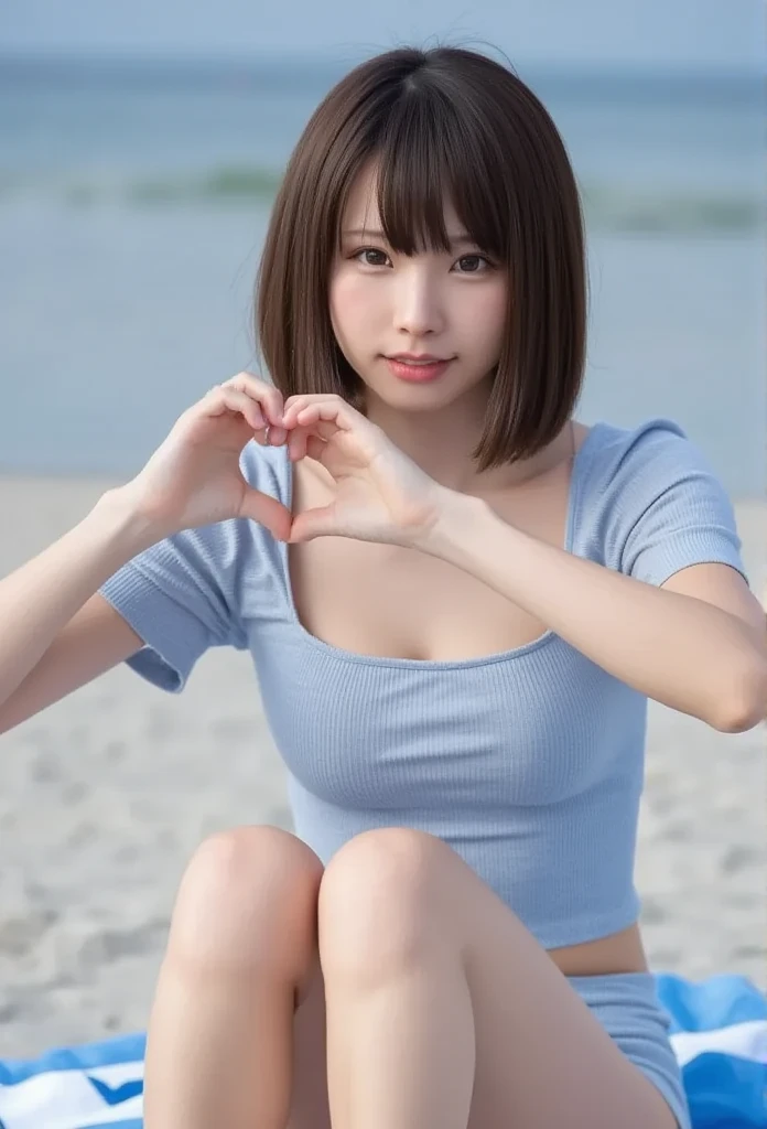 barefoot,   make a heart shape with both hands  , woman sitting on the sand with her knees bent  ,  photorealism,    YOUNG JAPANESE WOMAN ,( looking at the camera), Alone,A perfect smile,     Beautiful Dark Eyes    ,   beautiful skin  ,   Long Black Hair ,   full body of a beautiful woman wearing a fitted t-shirt and shorts Portrait  ,   blue off-shoulder shirt  , white skinned,   Amazing Face  , Beautiful appearance,  turn your arm back ,   8K resolution concept art portrait ,  white sand at midsummer noon  ,  gentle waves, deep water ,  pulp adventure style  , fluid acrylic  ,  dynamic gradation , vivid color,  Awareness-raising activities ,   Highly Detailed Vector Curves  ,  It's a simple  , Vector art, Sleeping,   character design , 3D Shading,   Movie-like  , gorgeous patterns,   elegant organic framing  ,   hyperrealism  ,   posterized  ,   bright color ,  Real People ,