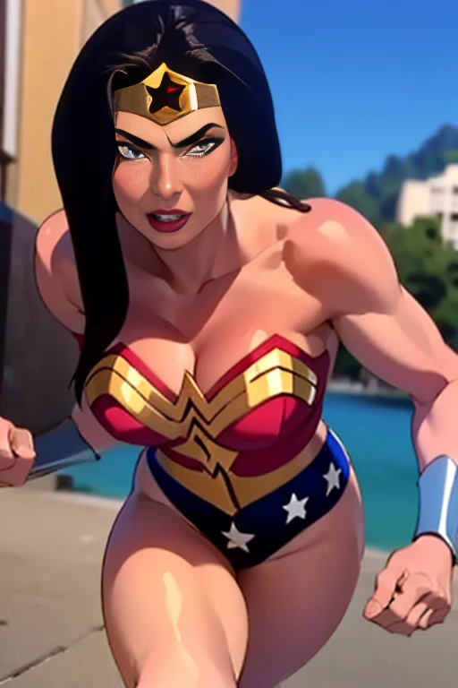 (High-definition CG), (   best quality ), (High-definition CG), (   best quality ), (Overall view)  cool and handsome face with a beard  ,     Wonder Woman costume    ,      beautiful and sexy young woman , 18 years old,       Toned and Muscular     ,  with a cool and handsome face   ,   sharp eye, Big Breasts, 