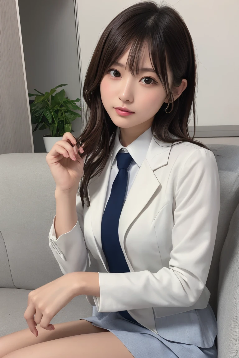 ((ultra best quality:1.3)),((ultra-quality:1.3)),((A hyper-realistic:1.3)),((Realistic reproduction of every detail of the eyes:1.3)),((Beautiful white skin:1.3))、((超A high resolution,:1.3)),(Photorealsitic:1.4), 1girl in、Beautiful expression、symmetrical eye、(Colossal tits)、Perfect body proportion、((Beautiful and shiny straight bob hair:1.3)),(see-through bangs)、(Company Uniform)　(The background is the company office)、Look at viewers、(Inside the office:1.2)、front-facing view、(White shirt and navy blue blazer:1.3)、Absolute area(1.3)、((Erotic lips ajar:1.3)),Super Erotic Uniform ((Panties can be seen through the small dark blue micro-pleated miniskirt.:1.3)) (Highly detailed, High-quality facial depictions:1.3) (Accurate and careful facial depictions:1.3) (Detailed, High-quality facial depictions:1.3) ((The skirt is dark blue:1.3)) ((kawaii:1.3))Panties can be seen through the dark blue skirt