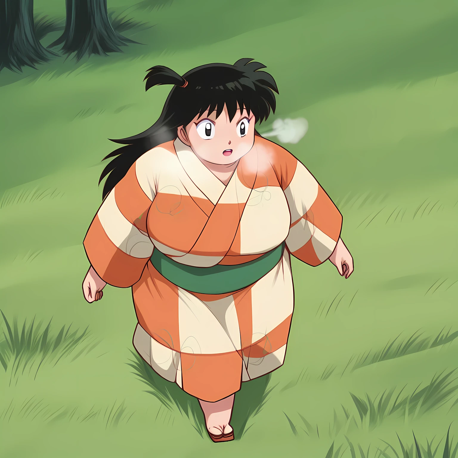 score_9, solo, rin_inuyasha, black hair, long hair, side ponytail, kimono, cute, walking, grass, tree, natural lighting fat, chubby, obese, big arms and legs, large breasts open mouth, out of breath, from above