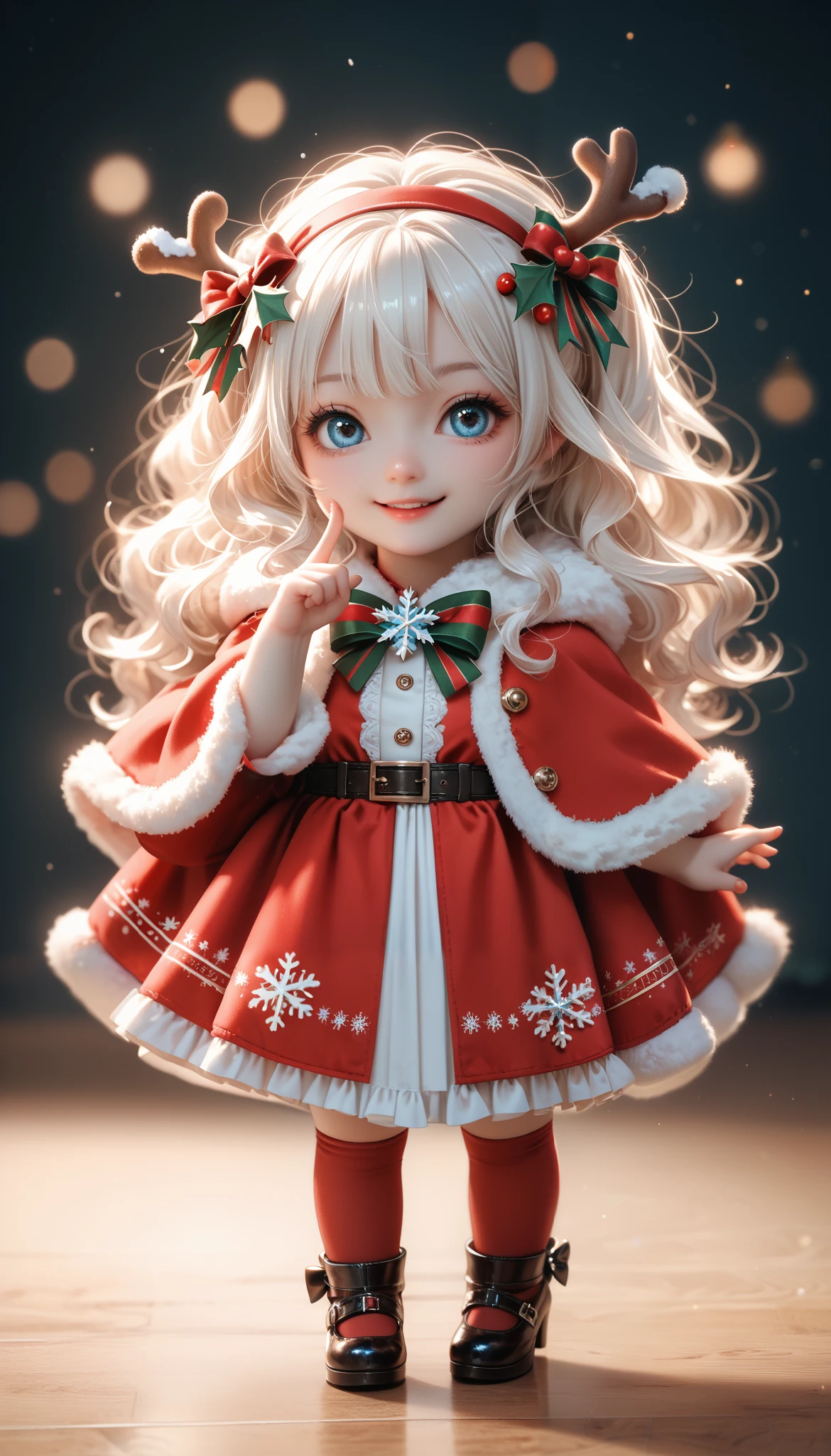 illustration, best quality, festive girl, cheerful smile, long wavy hair, red velvet cape, white fur trim, black ribbon bow, Santa-inspired outfit, holiday theme, playful pose,chibi, sparkling snowflake decorations, vibrant and warm atmosphere, Christmas vibes, detailed costume design