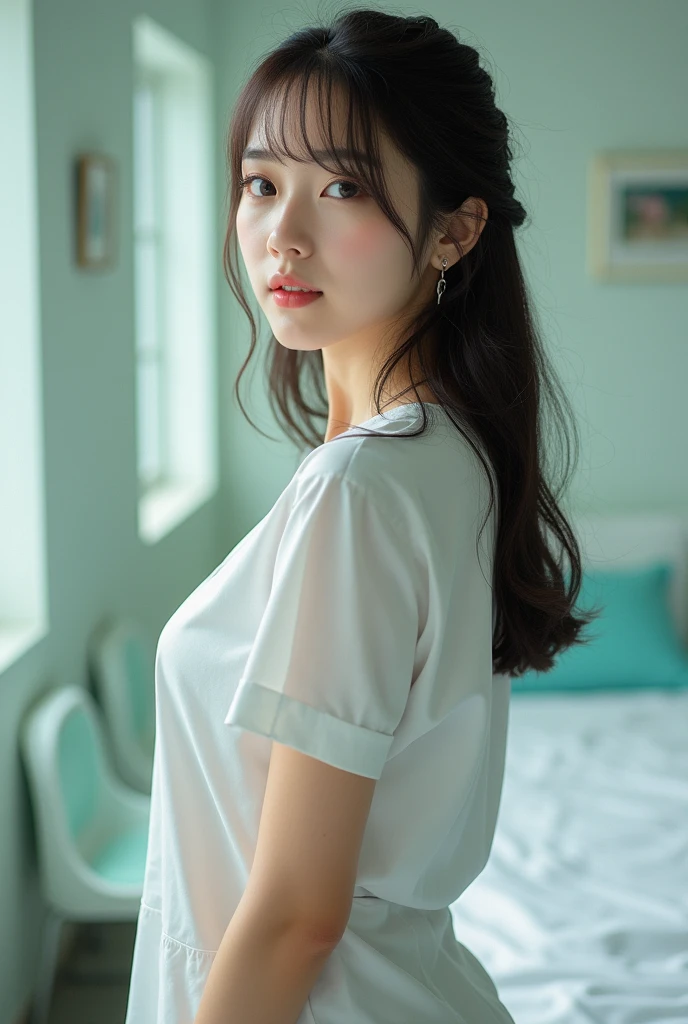 Highest quality、masterpiece、Ultra-high resolution、(Realism:1.4)、 1 person、In a pale background、Deep Shadow、Low Key、Shortcuts、Upper Body、sex appeal、Wearing a thick T-shirt、Cosmetic CM