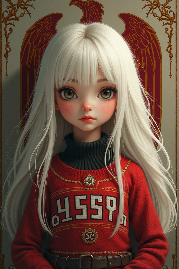 GIRLS CHILDREN, BLONDES WITH VERY LONG STRAIGHT HAIR, BLACK RUSSIAN STYLE WINTER UCHANKAS, red background.
