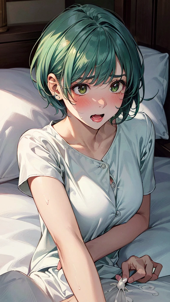 1girl, solo, indoors, on bed, lying, sleeping face, pillow, cloled eyes, half-open mouth, blush, breasts, large breasts, cleavage, yellow pajamas, Polka-dot patterned nightgown, medium hair, lime green hair, dark skin,