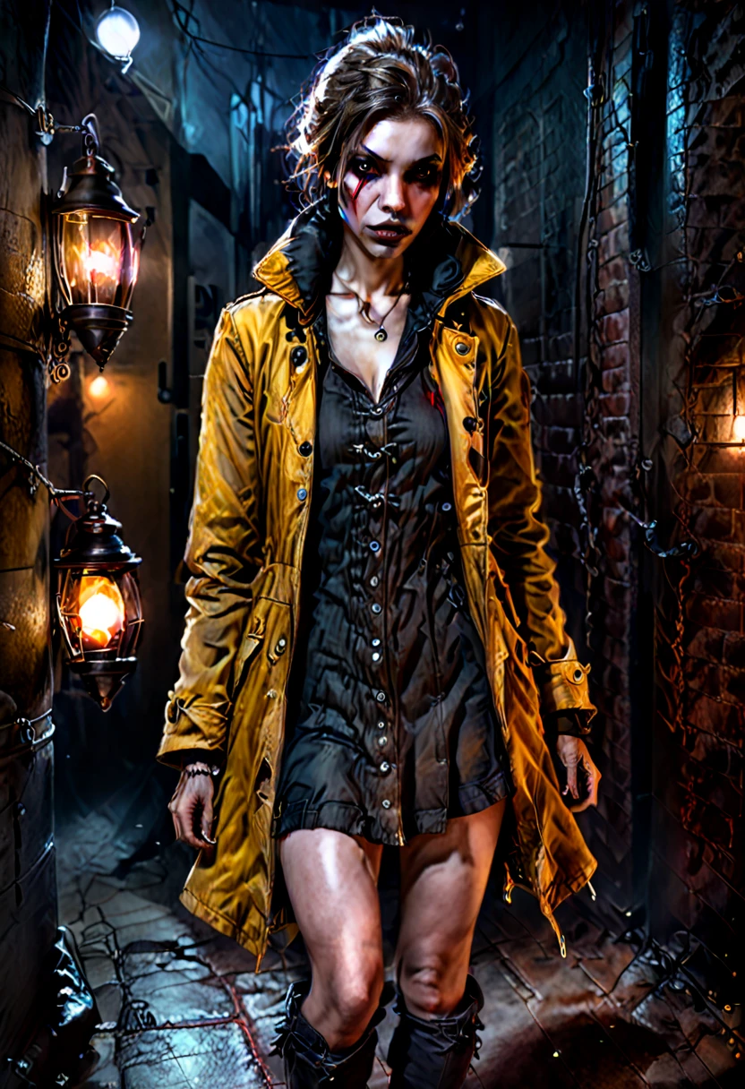 Realistic, Charlie Bowater style, vampire, ugly woman, left eye swollen shut, pockmarked skin, overlong fingers, yellowish eyes, no breasts, old coat with hood, miniskirt (faded and frayed), combat boots, stands in a dark corner away from a lantern in the shadows and watches, night, front to the viewer, modern city