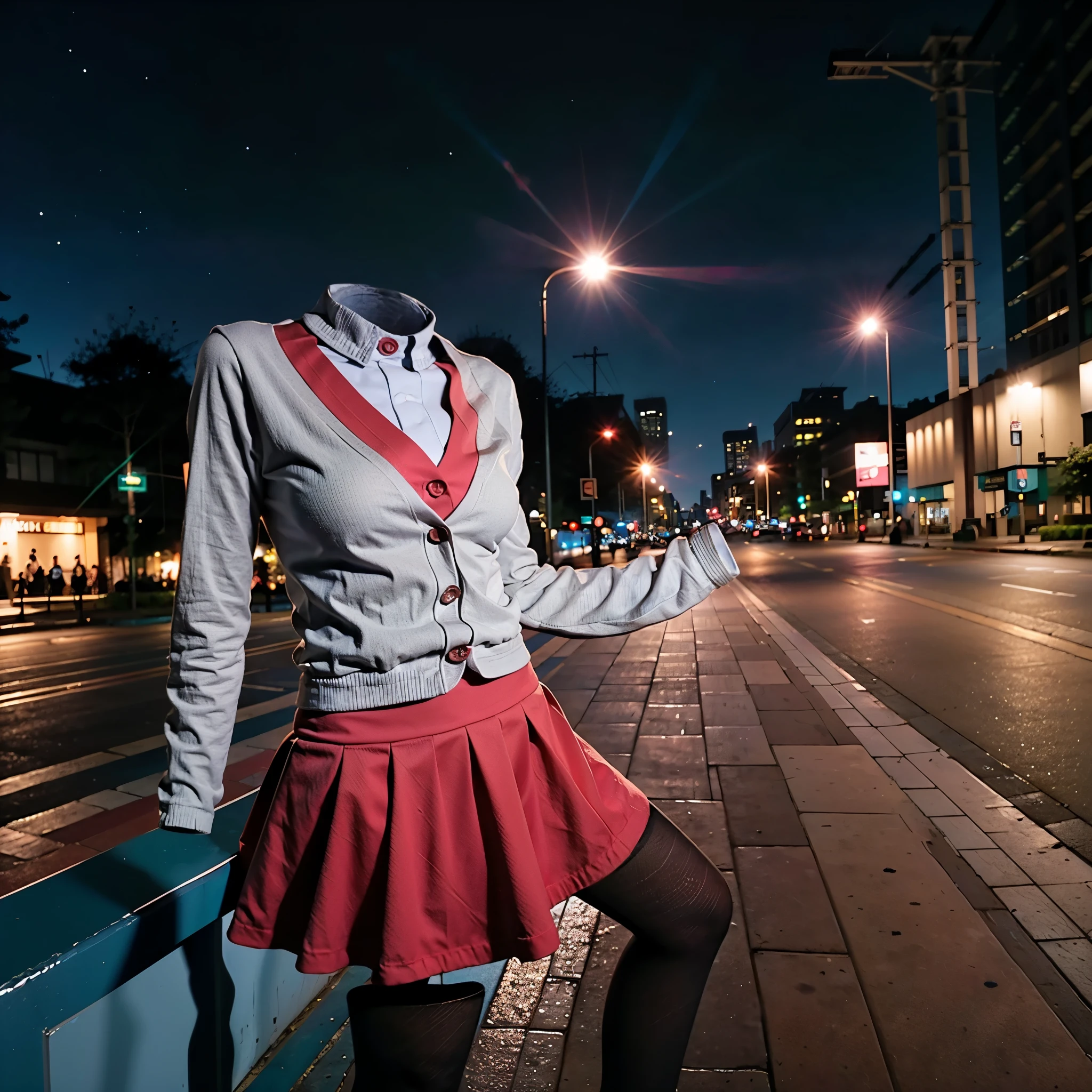 gloria1, gloria \(pokemon\), solo, tam o' shanter, grey cardigan, pink dress, green socks, bangs, long sleeves, collared dress, (invisible, no humans, headless, faceless:1.3), cute big breasts, (best quality, masterpiece:1.2), in Night city