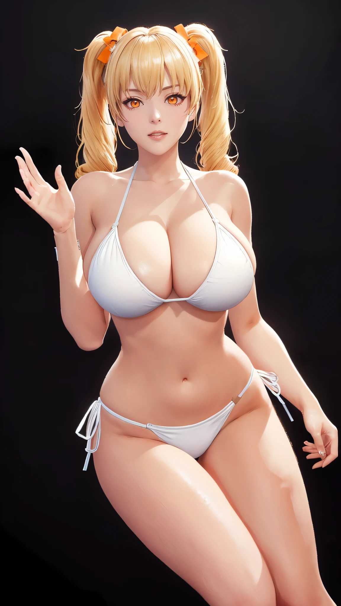 (（（figure，御姐figure,White and tender skin,（（orange and white bikini）））,(（（twintails, Blonde_hair, orange_eyes,））),，((masterpiece)), highres icon,((Best quality at best)),masterpiece,quality,Best quality,(（（  and watch the audience， is open to the audience,Light in the eyes，happy，lol）））， huge ， black background）））