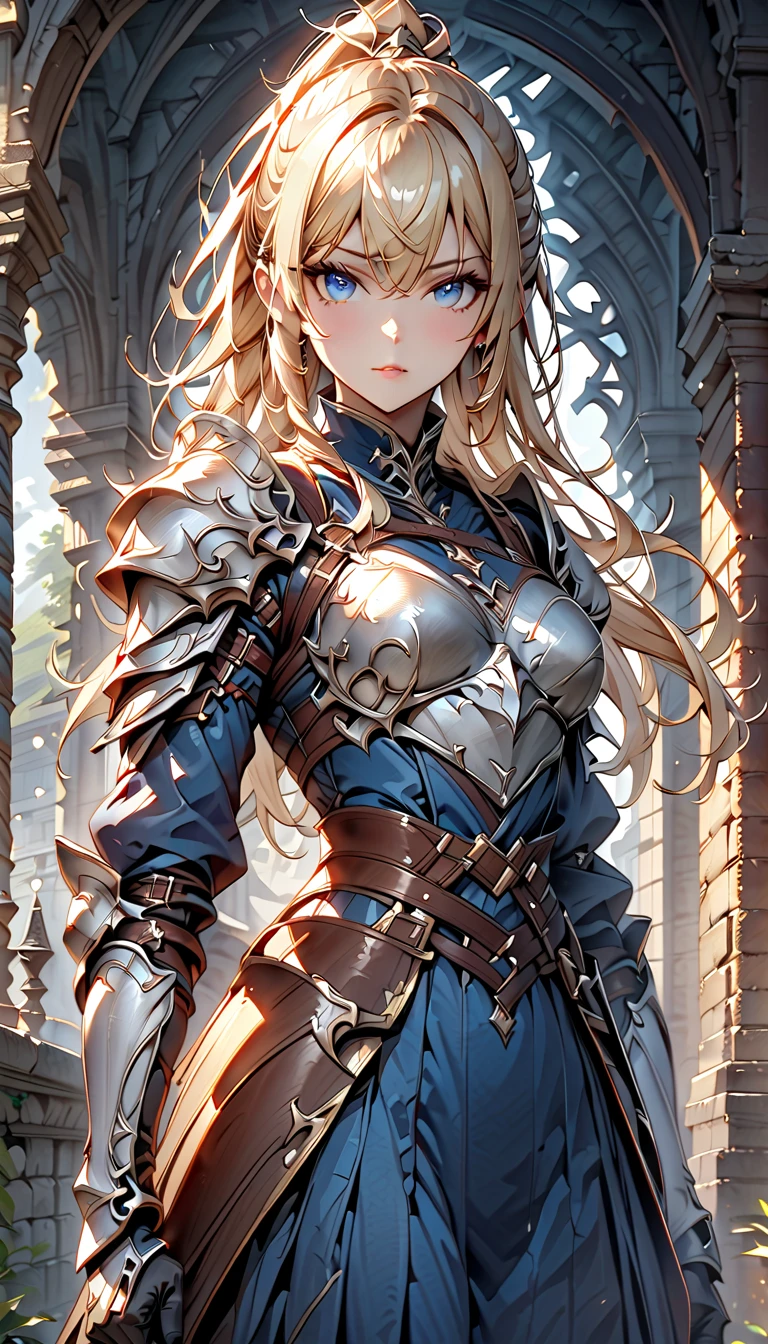  best quality、  Unity 8K Wallpaper、32K、masterpiece、 Very detailed、  ultra high resolution、 Very detailedな顔、 RAW photo、professional、Ultra-detailed paintings、Female Knight、 blue eyes、Blonde、 long ponytail holding up a shield、 blue dress 、Silver Armor、Shoulder rest、breastplate、Small Hands、waist support 、Shin guards、hold a spear with your right hand 、 hold a shield with your left hand、Stand upright、