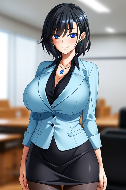 (最 High Quality , masterpiece:1.2),Simple office , laptop on table,chair, sunlight shining through window ,  beautiful lighting,  short hair ,Diagonal bangs, black hair, blue eyes, grey blazer,white cut shirt , grey pencil skirt , black pantyhose,clavicle, chest C-cup , earrings for women  ,Pendant with jewels , blush,Grin,Composition from head to below the knee ,Stand Upright, 1 girl ,Alone,  is anatomically correct ,accurate,  high definition model ,  high detail,  High Quality ,  Very detailed,  Ultra High Definition,  background blur ,  8k octane, 