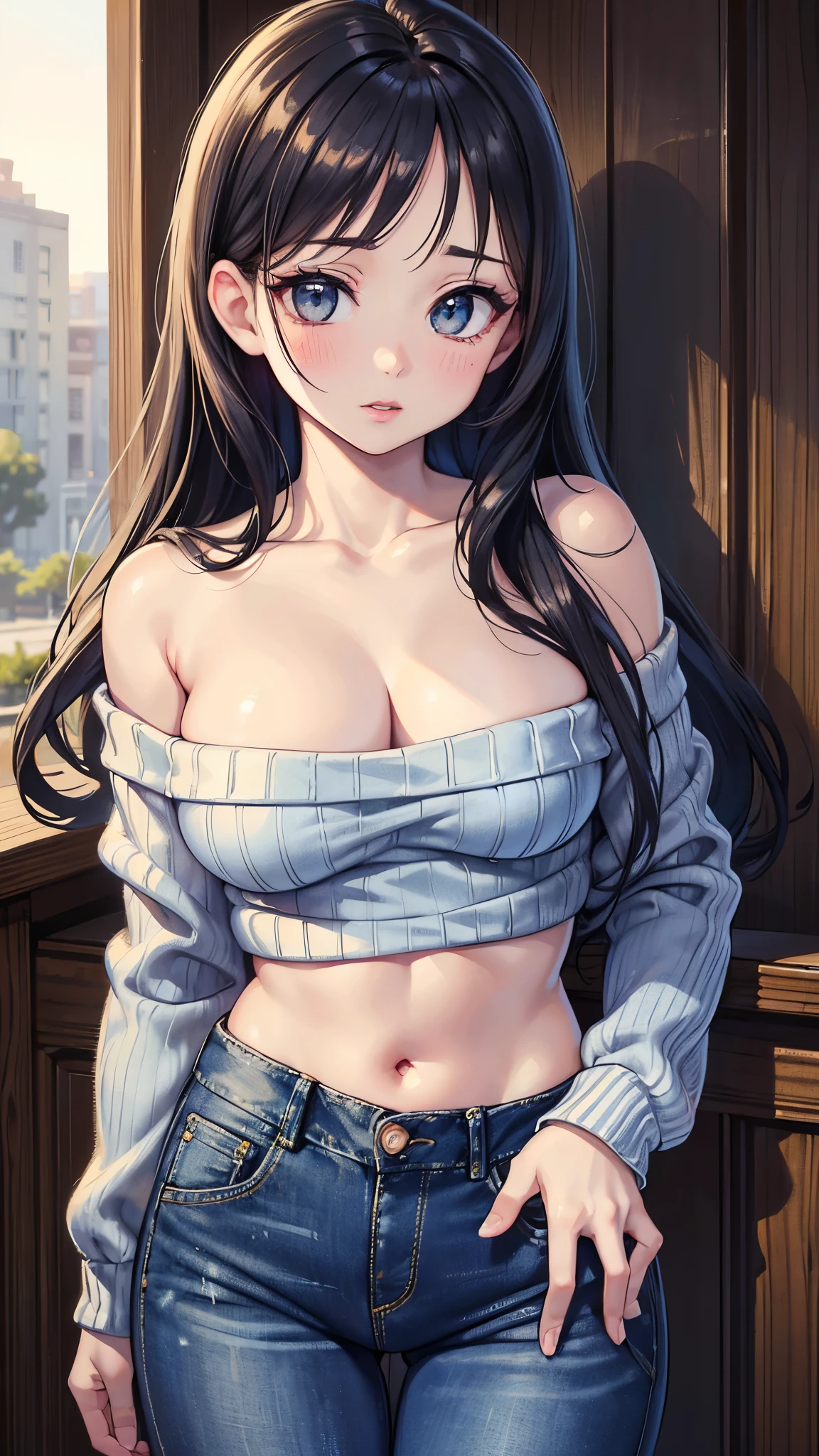 masterpiece, highest quality, ultra high resolution, highly detailed), (realistic:1.1, photo realistic:1.4), perfect illustration, perfect lighting, perfect detailed hair, perfect and detailed face, perfect collarbone, perfect body, juicy breasts, show the viewer, 1 person, perfect face, (perfect anatomy, anatomically correct), symmetrical face, ((shiny hair)), sexy body, (masterpiece), (highest quality:1.3), 8K, very clear, (ultra realistic), seductive woman, (high quality, high resolution, fine details), realistic style woman, juicy breasts, perfect woman, perfect face, symmetrical face, ((medium breasts)), blush, ((juicy lips)), ((black long hair)), ((double eyelid black big eyes, long eyelashes)), (makeup), (off-the-shoulder sweater, denim pants:1.5), (outdoors, city)
