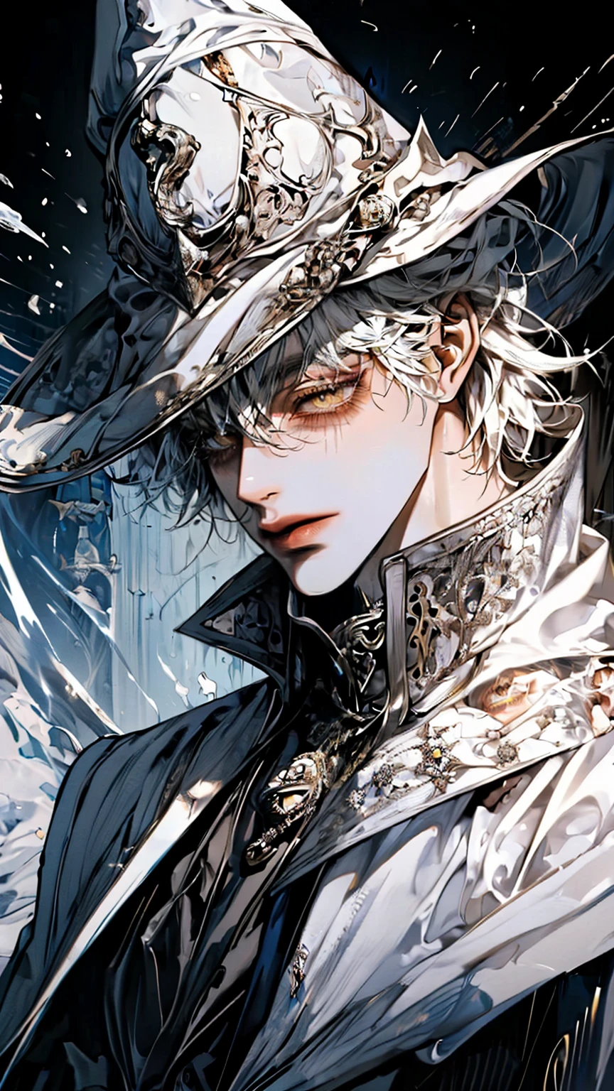 Adult Man, Tall, thin, bowler hat, blonde shaved hair, gray eyes, black jacket, black pants, shoes, colorful patterns on the hat and jacket, (green tie), hands on the face, white gloves, skull emblem on the jacket, closes The face is with the eyes, but the eyes are visible, best quality, beautiful image, yellow background, Portrait, (autograph portrait), Only the face is visible, A little white chameleon on his shoulder, strange patterns on the jacket and hat, Cats and skulls