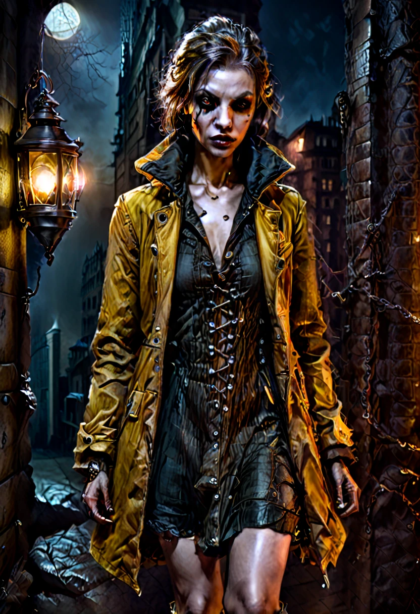 Realistic, Charlie Bowater style, vampire, ugly woman, left eye swollen shut, reptile skin, overlong fingers, yellowish eyes, no breasts, old coat with hood, miniskirt (faded and frayed), combat boots, stands in a dark corner away from a lantern in the shadows and watches, night, front to the viewer, modern city