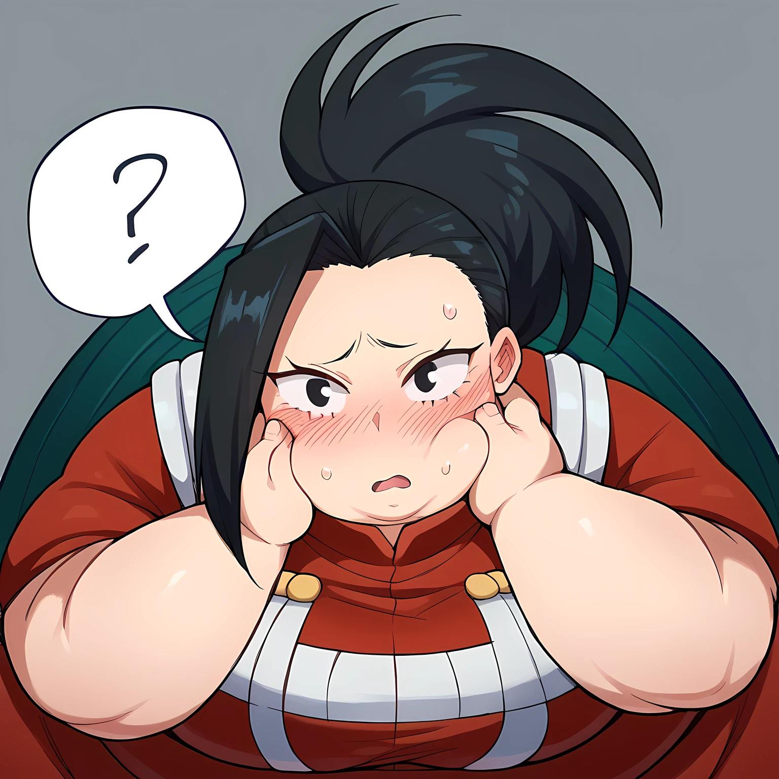 score_9,  score_8_up,  score_7_up,  source_Anime,
yaoyorozu momo ,  black hair,    gray background ,  black eyes,  long pony tail hair on the side of the uniform,  ,1girl,, absurdres,  highres icon, rating:General, confused, blush, spoken question mark, {flustered}, nervous sweating, portrait, pov hands, hand on another's cheek, averting eyes, [looking away], straight-on,  fat, chubby, obese, large breasts open mouth, out of breath, swollen face, double chin, upper body, from above,
