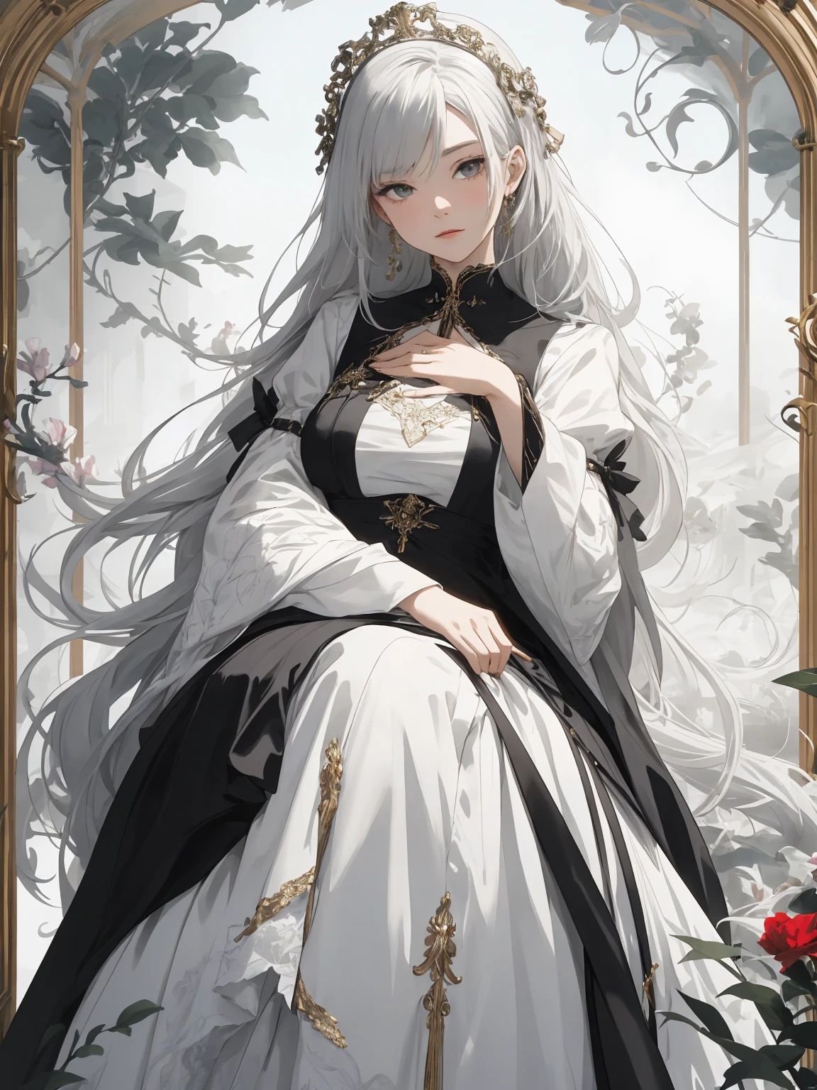 young man, (((one person))), single, solo, (((male))),(slim body), (flat chest), (((white colored skin))), (porcelain skin), ((marble skin)), (((white-skinned))), (((black colored eyes))), ((black eyes)), (((white colored hair))), ((white hair)), ((long hair)), (((poofy hair))), (fluffy hair), ((wavy hair)), (((fantasy style))), wearing fantasy robe, flowy robe, christian inspired, ((fantasy patterns on clothes)), ((magical patterns)), rose garden in the background