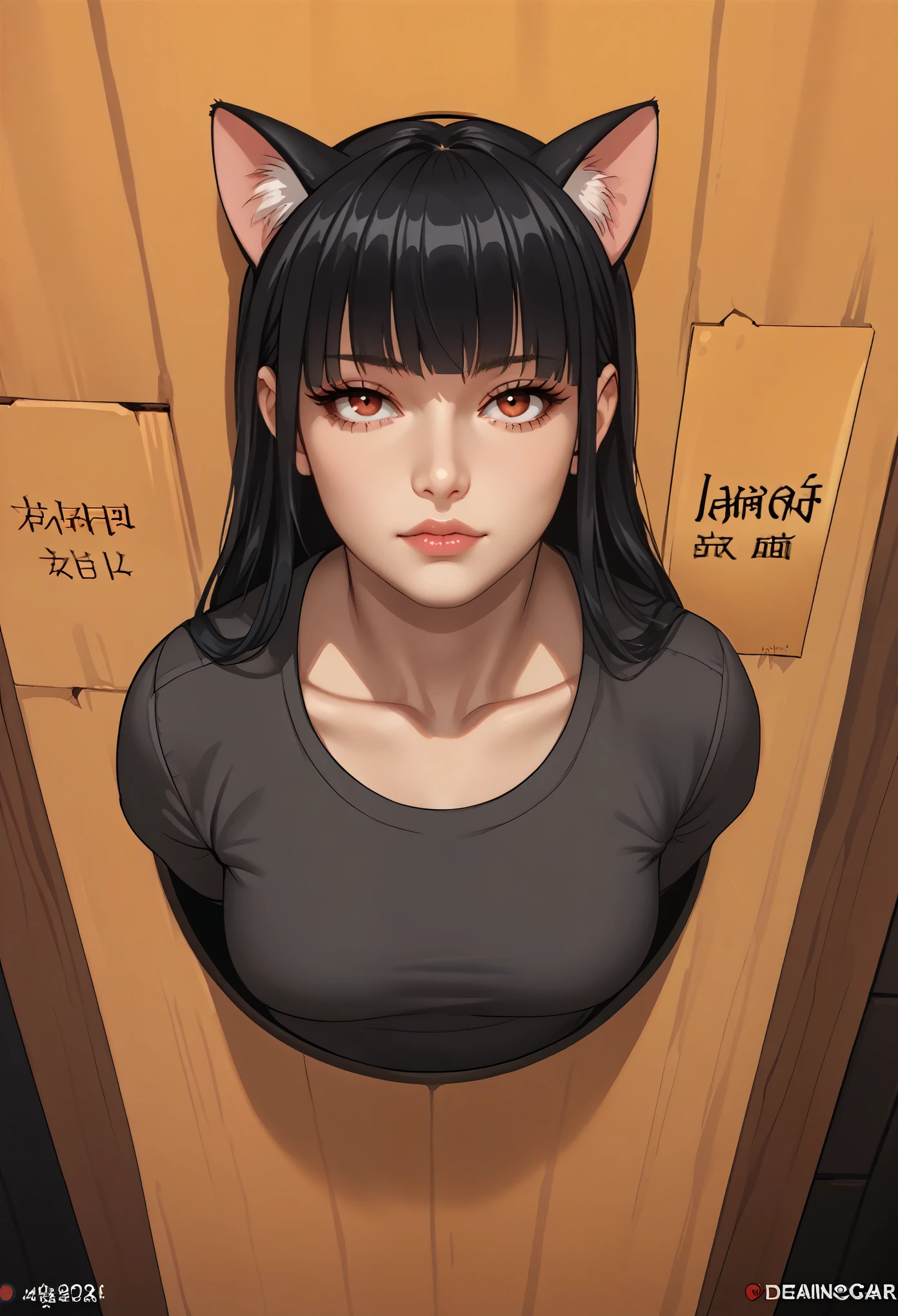 score_9, score_8_above, score_7_above, score_6_above, score_5_above, score_4_above, source_animated, Label 1, Label2, quality_ masterpiece , junkotvvxl , black hair, fringe, cat ears, red eyes, Anatomically correct, beautiful face, perfect face , Beautiful and very detailed face and eyes, attractive face , detailed face, delicate facial features , detailed skin , curvilinear, Volabovetuous, wide hips, big ass, Gargantuan butt, thick thighs , Fat Body, Sensual woman, seductive woman , mature woman , Mother and daughter, maternal, long hair, Air bangs BREAK Rating_questionable, desnuda, ((Glory wall, through wall, photo, stuck, is))