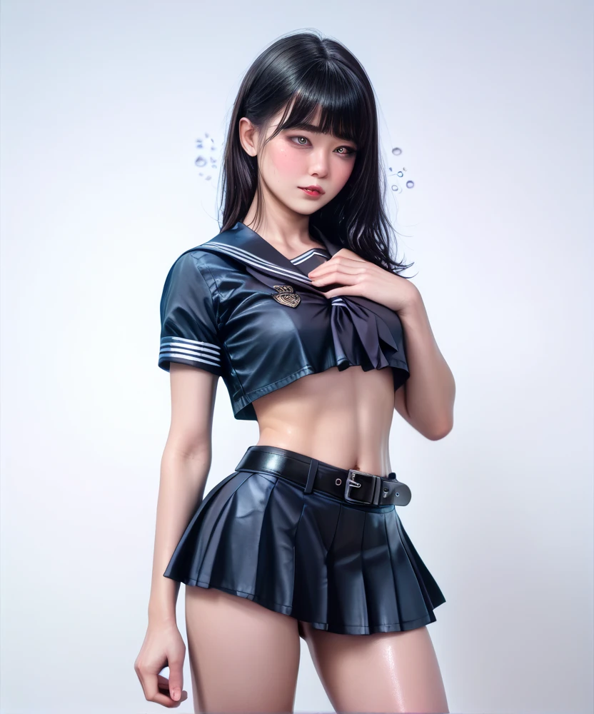 (best quality, 8k, photorealistic:1.5), (solo),(one girl:1.5),(Childish),(baby face),(pin up girl),(pinup model photos:1.3),(shiny skin),(oily skin),(Light blue hair:1.3),(straight hair),(long hair:1.5),(beautiful girl),(cool beauty girl),(elegant woman),(Blush brown makeup),(dark eye makeup),(pink lipstick),(big beady eyes girl:1.3),(droopy eyes woman),(blue eyes girl:1.3),(impressive eyes),(expensive necklace), chuuChloe,(keep smiling),(looks fun:1.5),(mini thong:1.5),(healthy body),(Show off crotch:1.6),(teenager girl:1.5),(Sailor Mercury costume play:1.5),(bold posing)