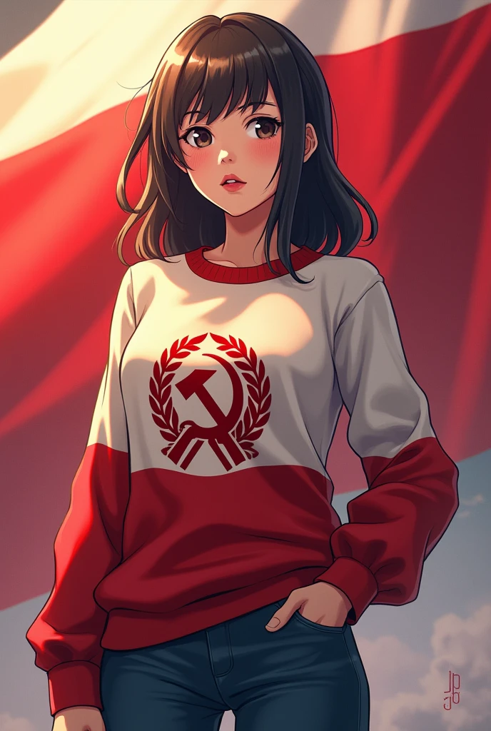 Beautiful anime girl smiling with the URRS flag in background in snow 2D Animation 