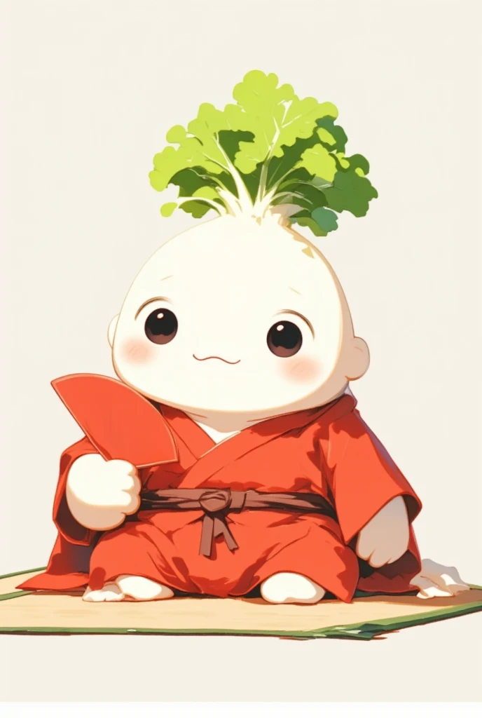 Chibi character、 a chubby anime character 、 a chubby, round-faced white turnip radish 、 with a green leaf-like topknot 、Black circle eyes、 a flat nose with only a horizontal line drawn on it 、 wearing a bright red crested haori and hakama 、 holding a red circle fan on a white background in his right hand 、 sitting on the tatami mat with an arrogant attitude 、 resting his left elbow on the armrest 、Towards the viewer「Let alone 、B」 and commenting on the manga 、