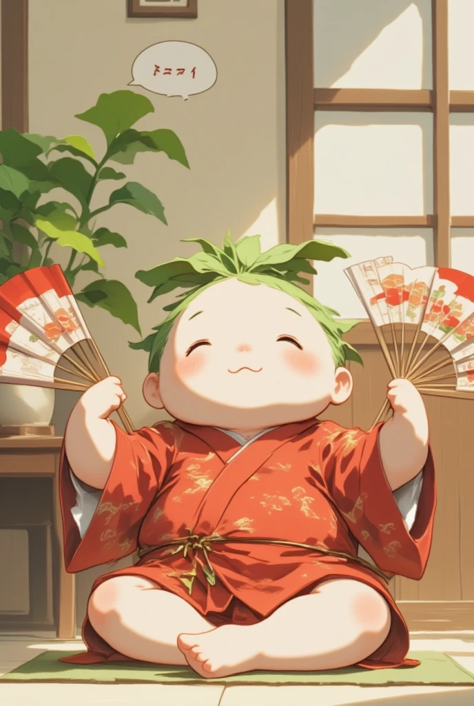 1girl,chubby anime-style character,round face with cheeks,green leaf-like topknot hairstyle,black dot eyes,simple flat nose with horizontal lines,bright red/crimson kimono robe and hakama pants,holding open red and white fan in right hand,sitting cross-legged on floor with elbow resting on armrest,looking at viewer with speech bubble saying "How foolish, hmph"