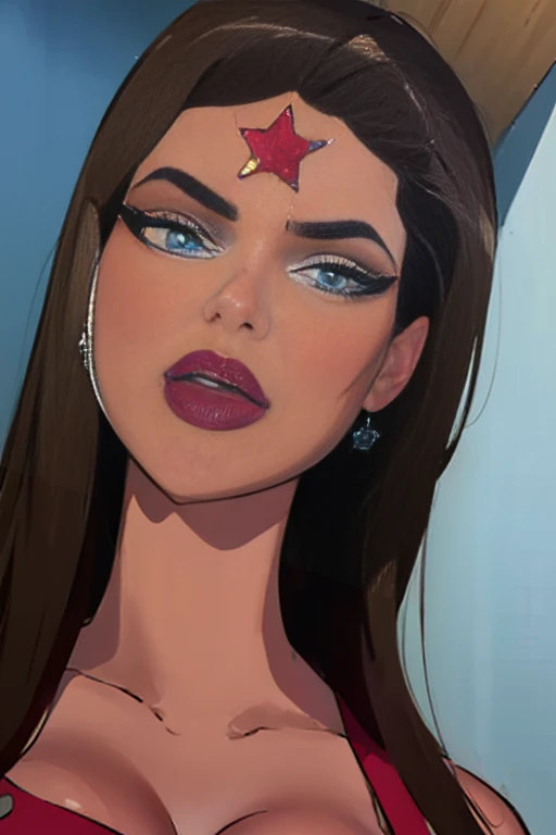 (High-definition CG), (   best quality ), (High-definition CG), (   best quality ), (Overall view)  cool and handsome face with a beard  ,     Wonder Woman costume    ,      beautiful and sexy young woman , 18 years old,       Toned and Muscular     ,  with a cool and handsome face   ,   sharp eye, Big Breasts, 