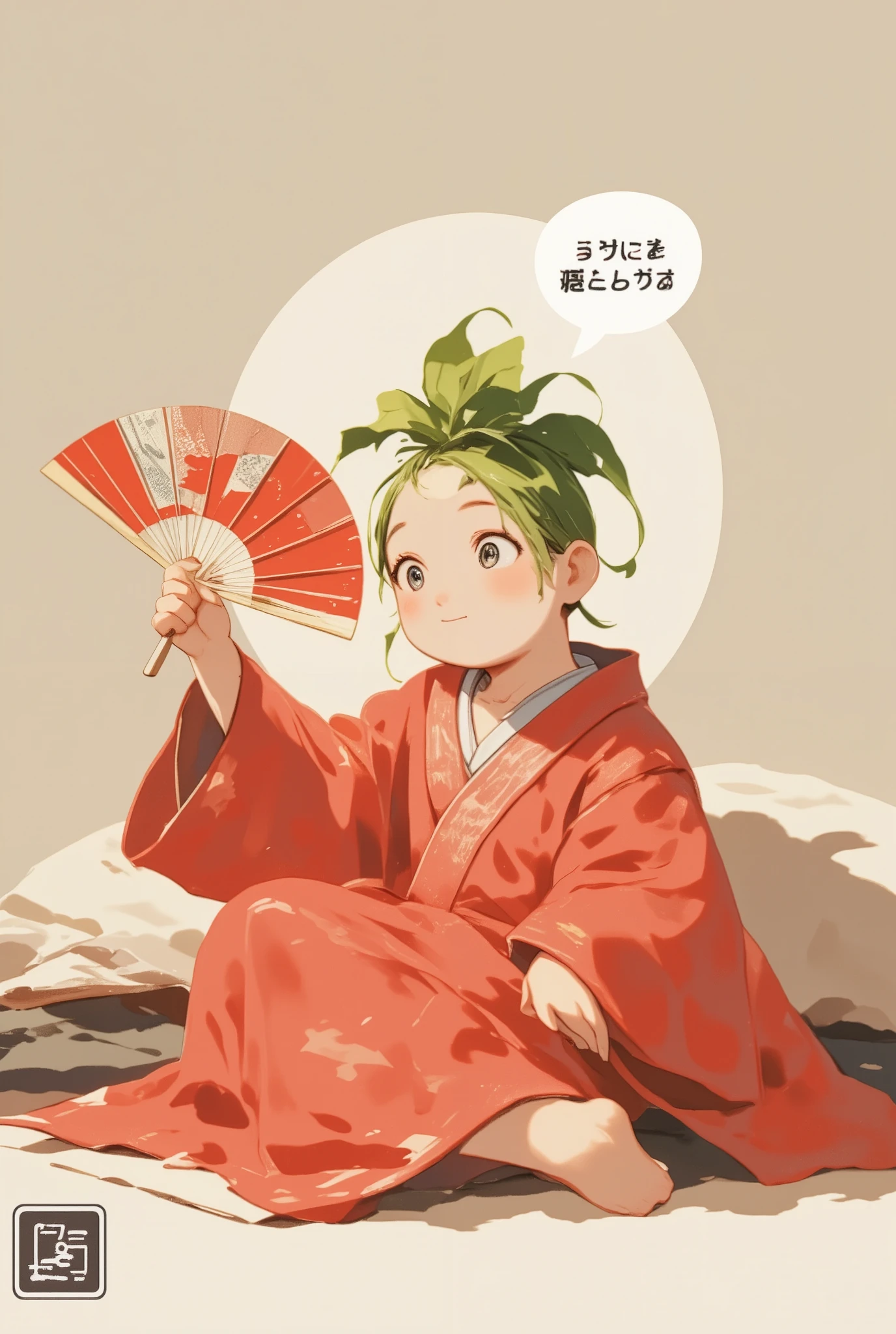 1girl,chubby anime-style character,round face with cheeks,green leaf-like topknot hairstyle,black dot eyes,simple flat nose with horizontal lines,bright red/crimson kimono robe and hakama pants,holding open red and white fan in right hand,sitting cross-legged on floor with elbow resting on armrest,looking at viewer with speech bubble saying "How foolish, hmph"