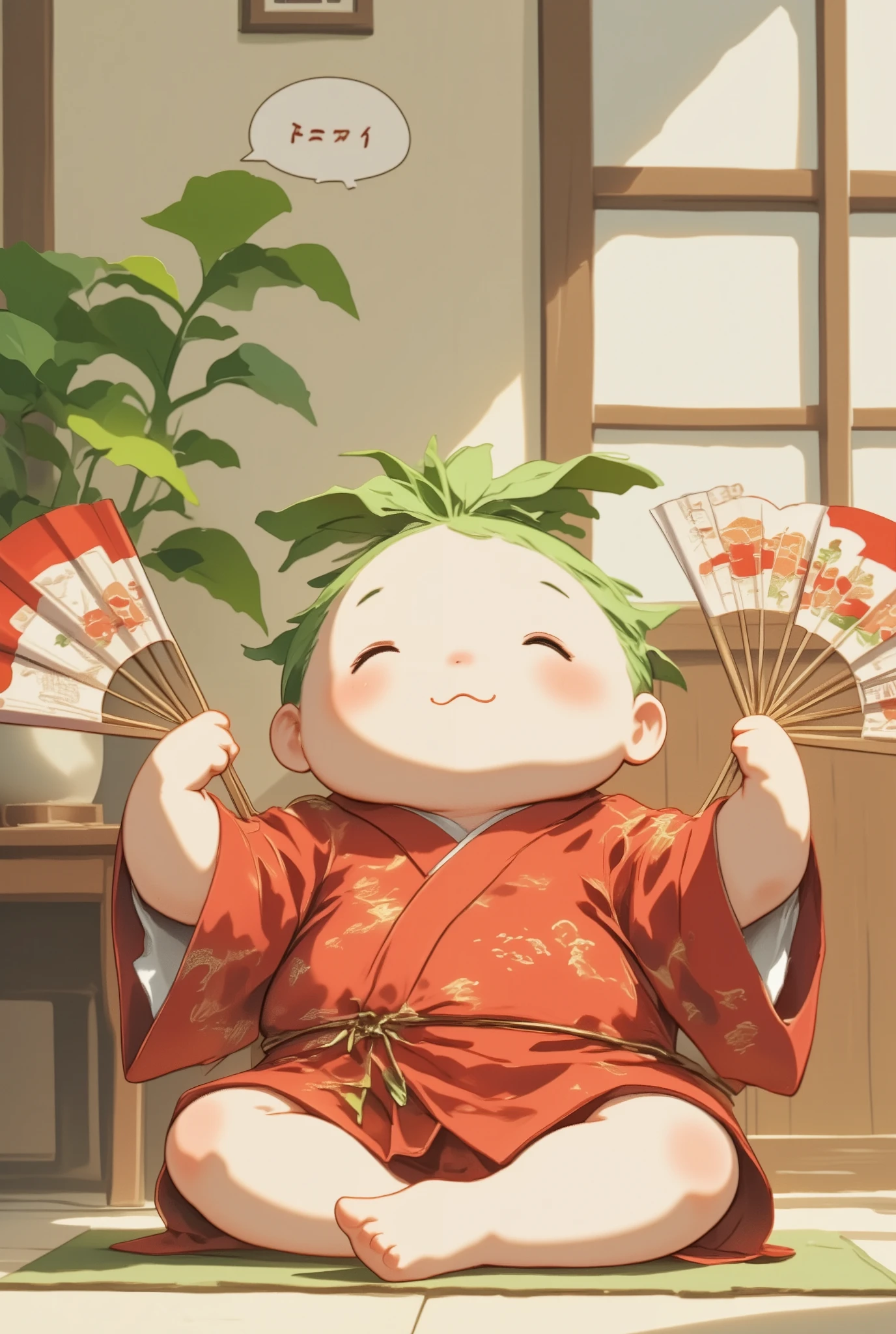 1girl,chubby anime-style character,round face with cheeks,green leaf-like topknot hairstyle,black dot eyes,simple flat nose with horizontal lines,bright red/crimson kimono robe and hakama pants,holding open red and white fan in right hand,sitting cross-legged on floor with elbow resting on armrest,looking at viewer with speech bubble saying "How foolish, hmph"