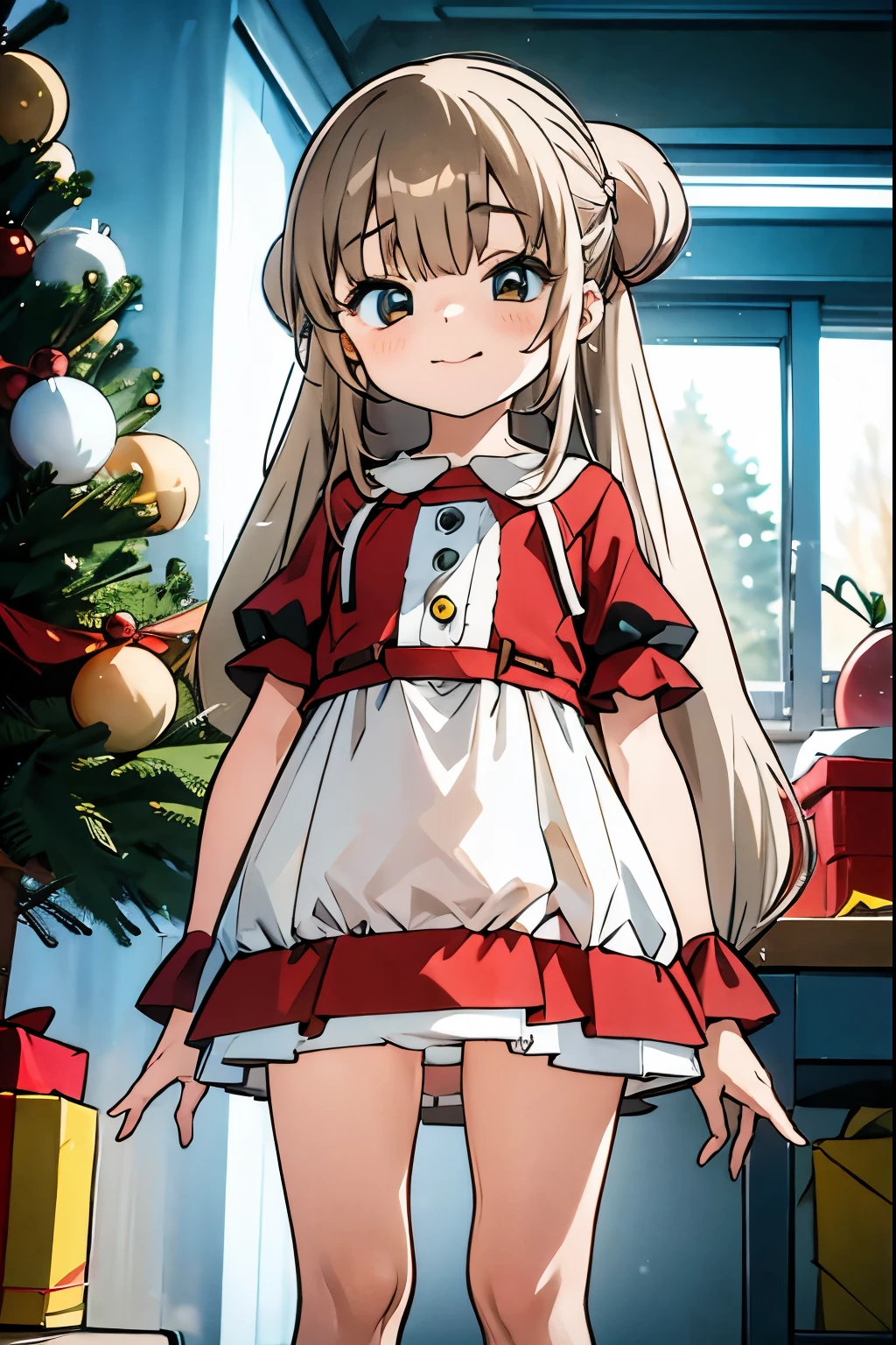 nsfw， best quality，masterpiece， 1 very young girl，Very short stature， ddler figure ， open her mouth , Green Eyes, From below, Long Hair, Mischievous face，()， Silver Hair， Is a Smiley Smile ， Tight Miniskirt， Christmas ， Christmas tree ，holding panty 、Hold the panties you just took off in your hand，