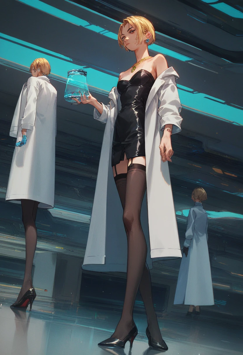  Young blonde anime, Aesthetic body ,  dark blue object ,  wearing white clothes， with blue details , On a spaceship, With a gold necklace，earrings, lab coat, strapless,black dress, black thighhighs, high_heels,
