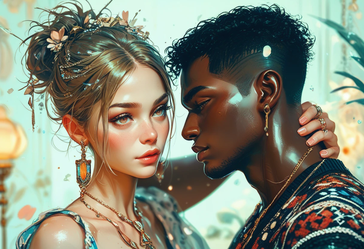 ((1boy, 1girl,))) ((((( verydarkskin couple))))), ((detailed African-American features)),
, (very darkskin man, tall, rugged square face, long dreads, almond-shaped chocolate eyes, bulky, muscular triangle physique, strong pectoral, strong legs, toned torso), And (darkskin woman, short, voluptuous, curvy, strong, sensuously cool, braided black hair, soft heart-shaped face, concaved nubian button nose, heart-shaped physique, heart hips, glasses, heterochromia wine and brown eyes), **
((amazing skin, perfect hands, perfect, perfect eyes, enamored couple, flirty couple, passionate sensuality)), ((detailed cherry blossom onsen background)), (((wet couple, translucent towels. waist deep in water, full body, couple focused, face to face))),
sensual lighting, brilliant shading, sensual shadowing, sensuous atmosphere, intricate fabric details, (4k, ray tracing, masterpiece, detailed smooth textures, sharp gradients, deep highlights, best quality, amazing quality, very aesthetic, absurdres, highly-detailed, 2.5d ,cel-shaded),AddXL,((Anime illustration)) ((Incarnate detail)) ((Masterpiece)) ((Highest quality)),black people,