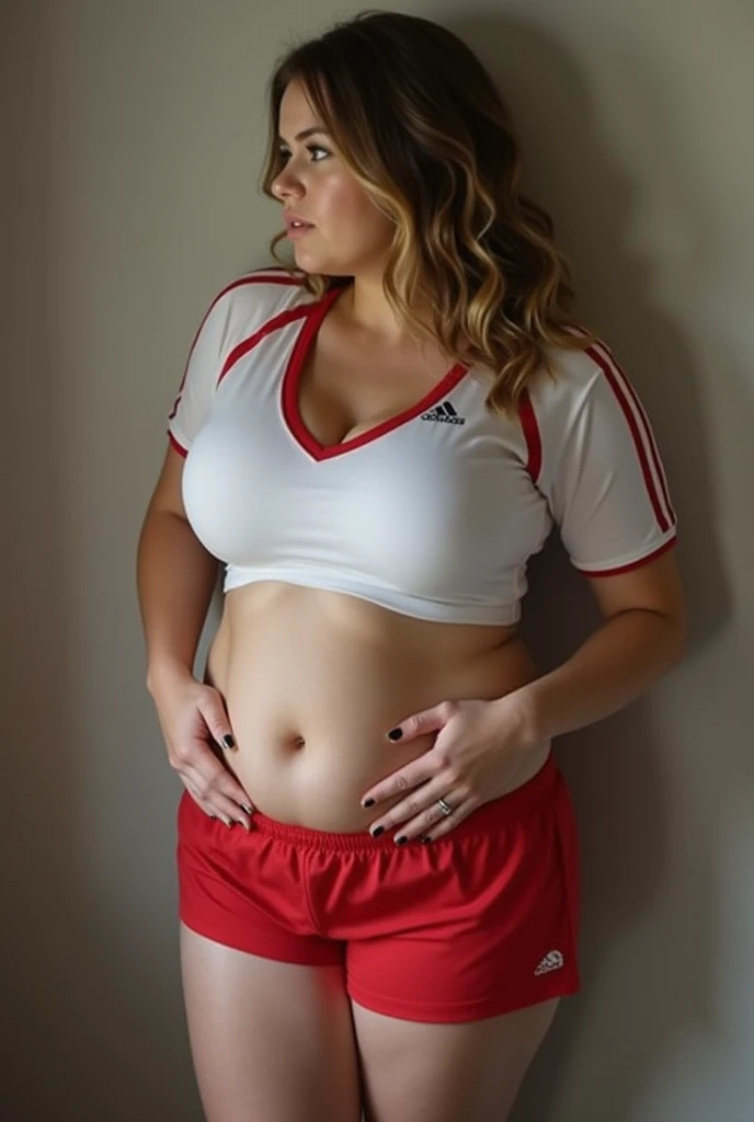 Photo of a 20 year old brunette woman, that has a very natural face, thin lips, thin eyes, thin eyebrows, thin nose, earrings, long eyelashes. Very big pregnant belly. sport bra and leggings in red color. sitting on the gym bench